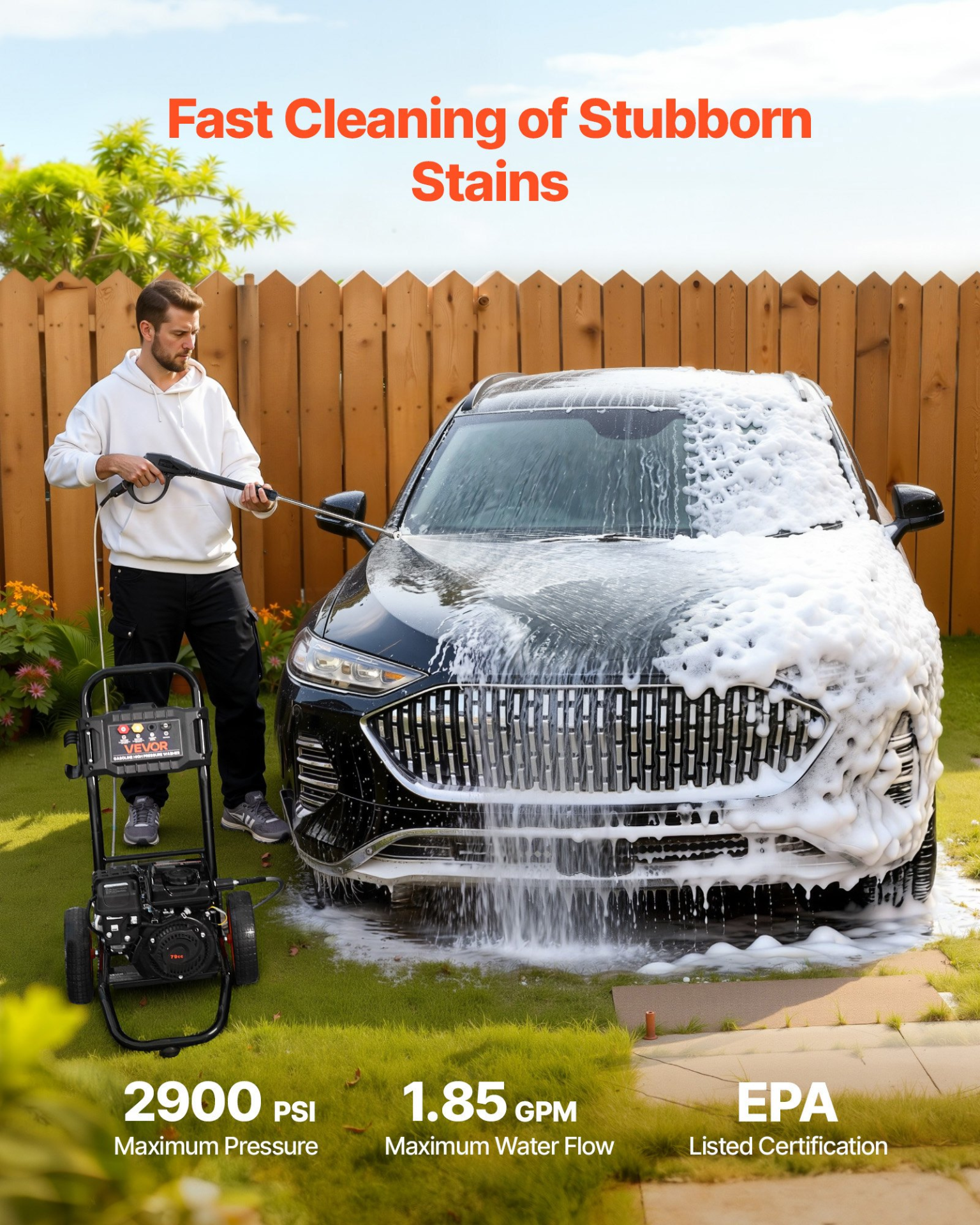 Start2Finish VEVOR gas pressure washer with spray gun, nozzles, aluminum pump, ideal for cleaning cars, fences, driveways, and patios.