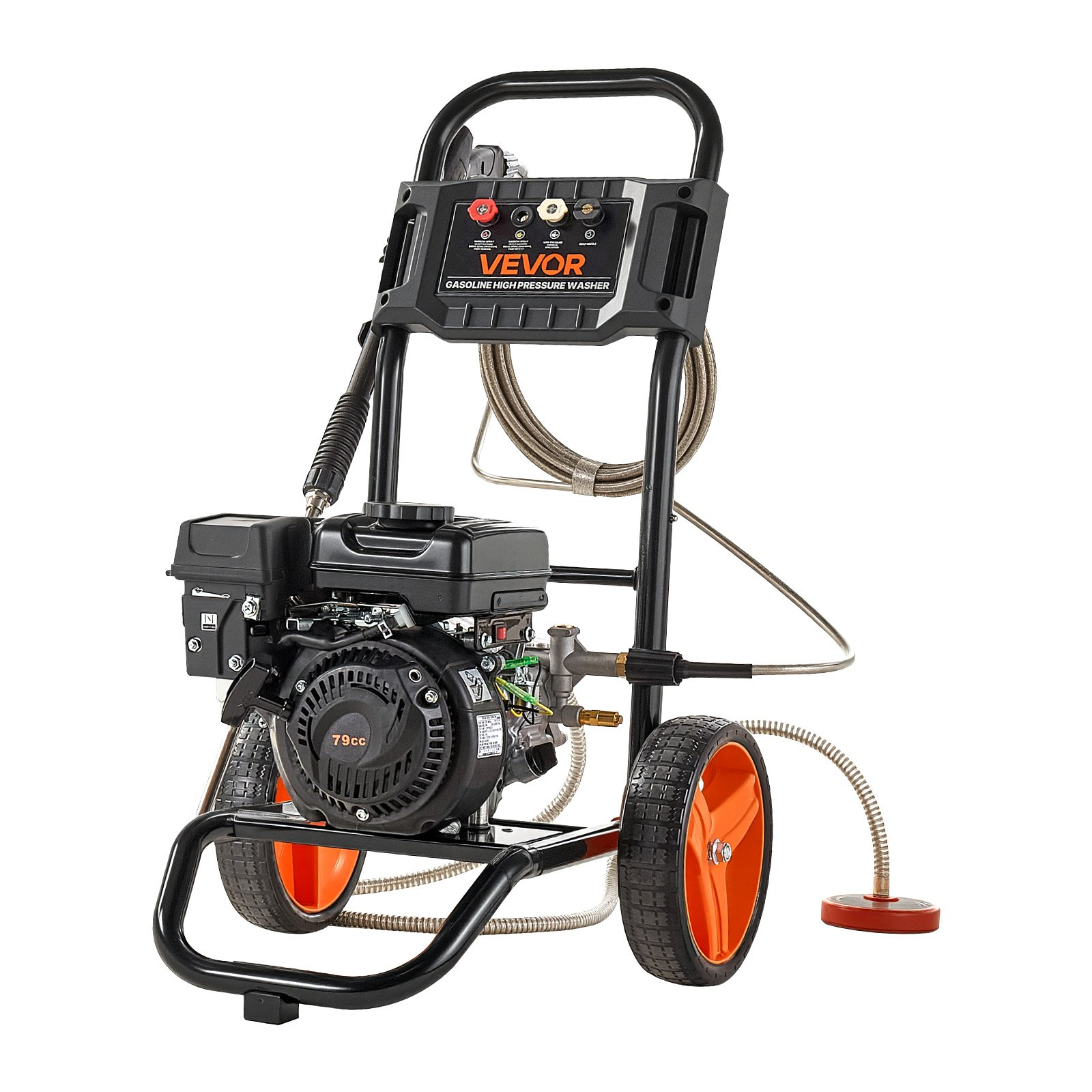 Start2Finish VEVOR gas pressure washer with aluminum pump, spray gun, wand, and four nozzles for cleaning cars, fences, and patios.