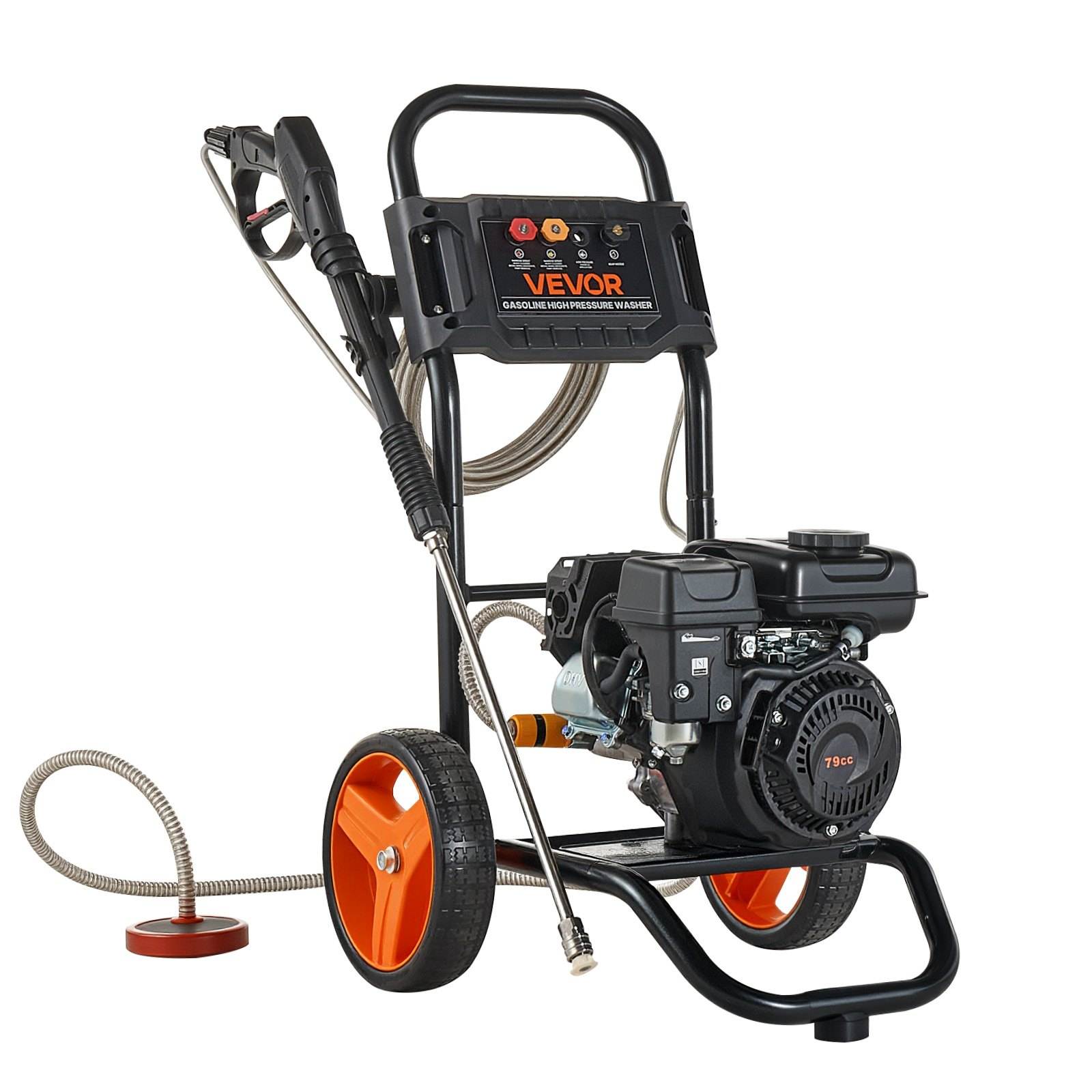 Start2Finish VEVOR gas pressure washer with aluminum pump, spray gun, wand, and four nozzles for cleaning cars, fences, patios, and driveways.