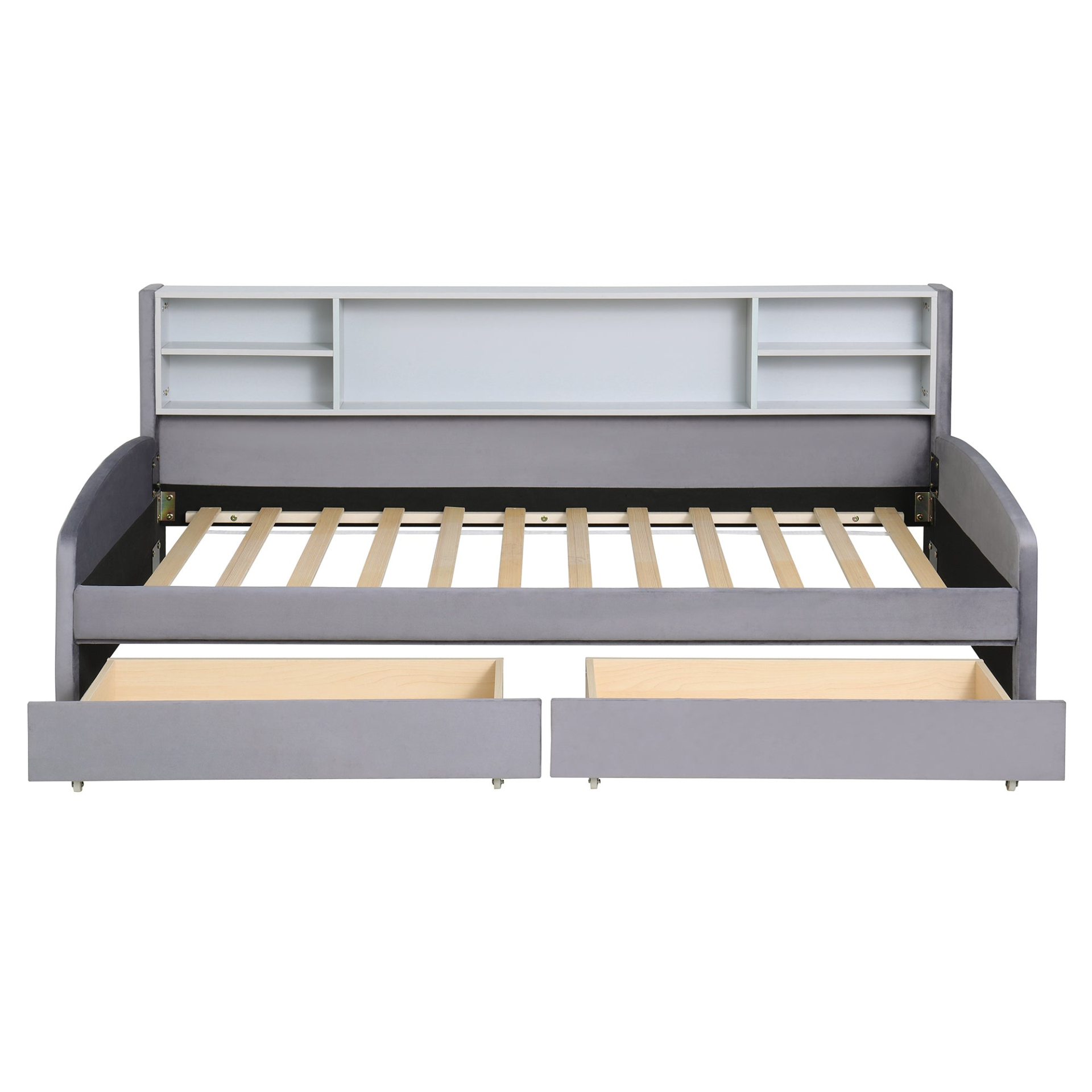 Velvet upholstered platform bed with storage drawers and padded headboard by Start2Finish, showcasing a luxurious bedroom furniture piece.