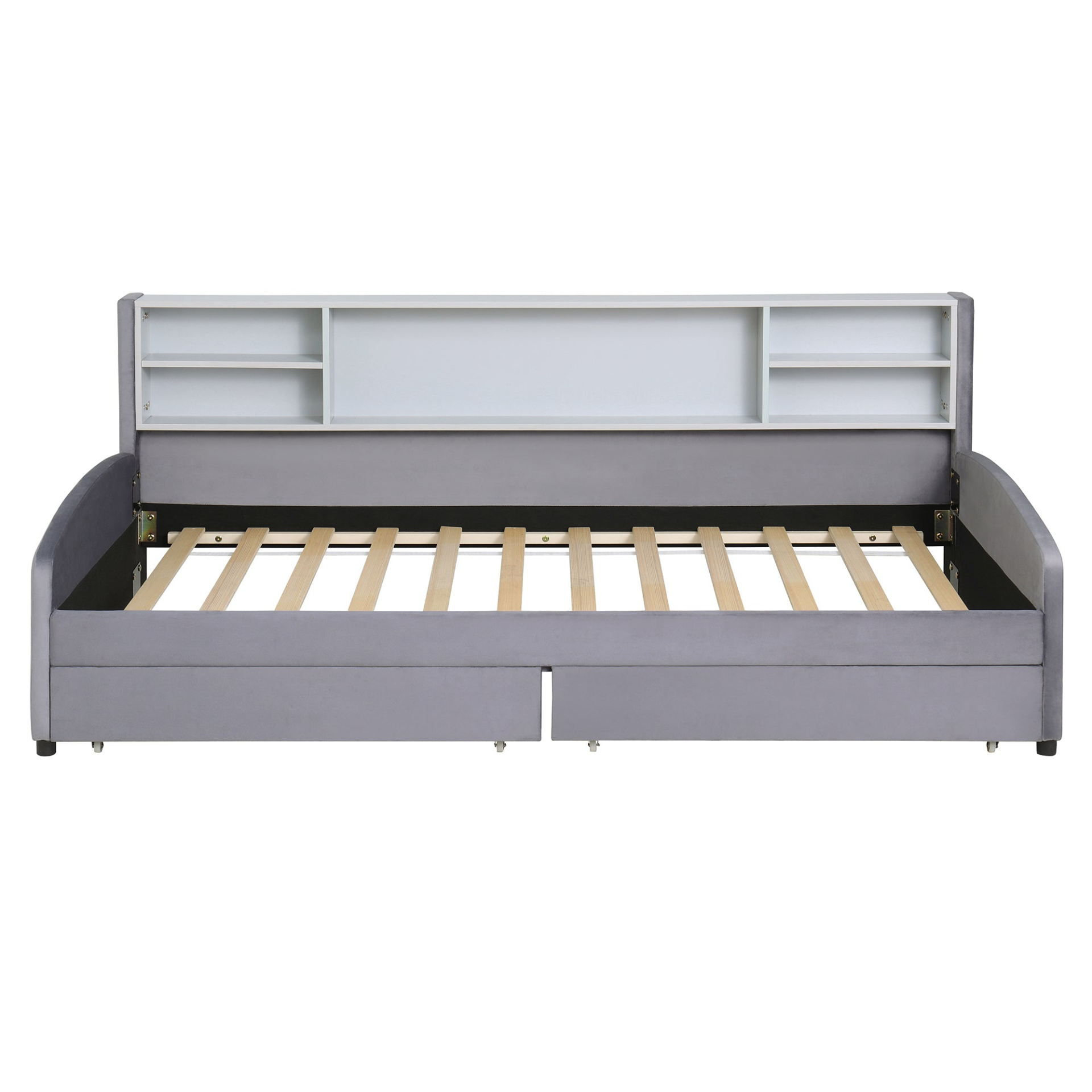 Luxurious velvet upholstered platform bed with storage drawers and padded headboard by Start2Finish, shown in a stylish bedroom setting.