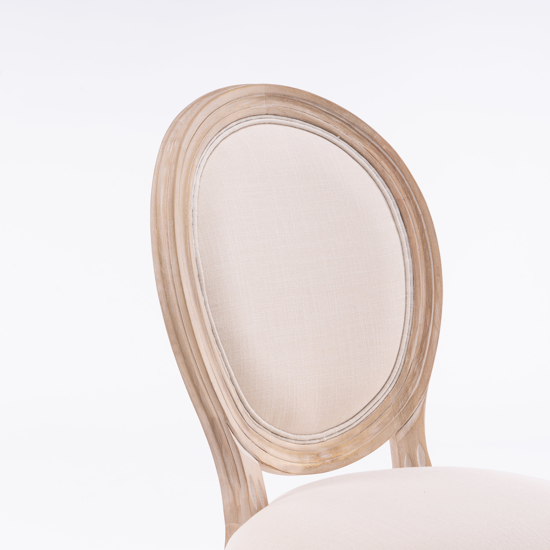 French style solid wood dining chair with linen fabric upholstery and classic upholstered back by Start2Finish.