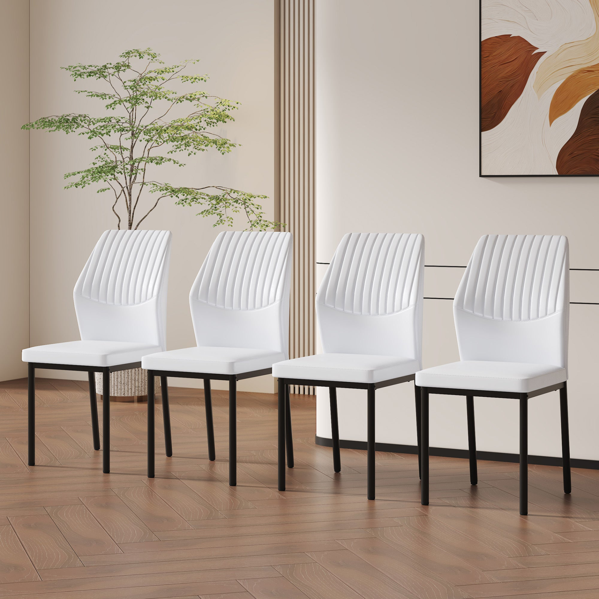Set of four luxury simple dining chairs by Start2Finish featuring black PU upholstery and vertical stripe backs.