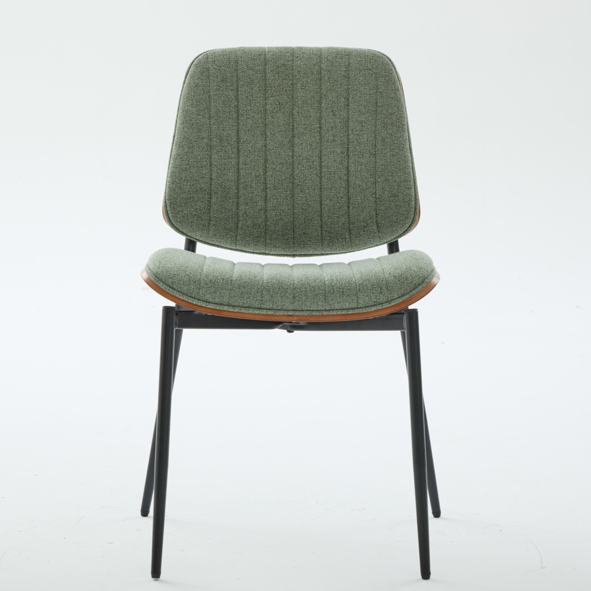 Set of 2 mid-century modern upholstered dining chairs with walnut bentwood backs, metal legs, and adjustable feet for kitchen and dining room.