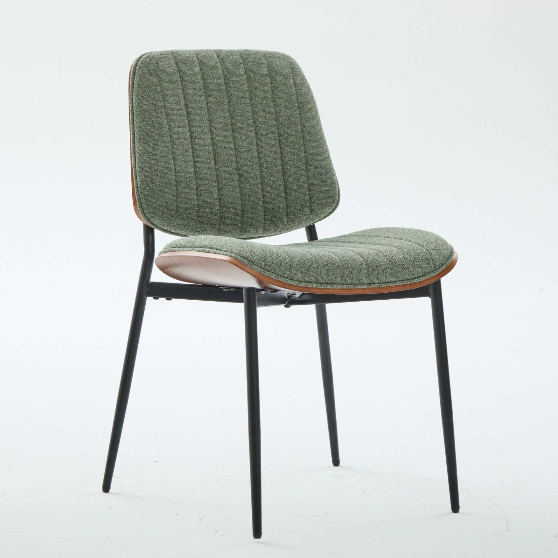 Set of 2 Mid Century Modern upholstered dining chairs with walnut bentwood backs, metal legs, and adjustable feet.