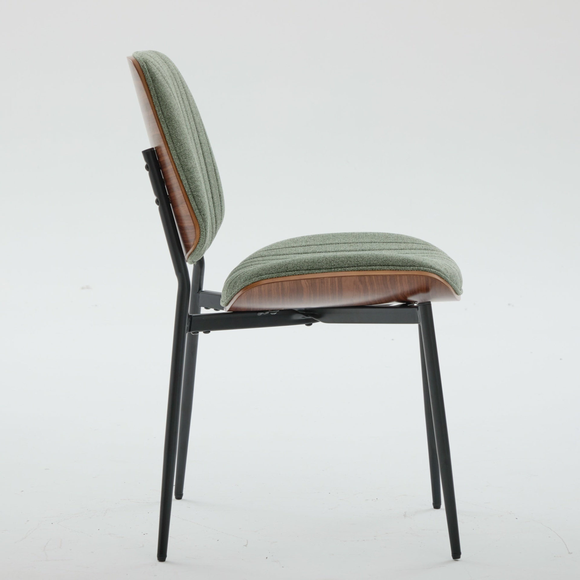 Set of 2 Mid Century Modern upholstered dining chairs with walnut bentwood backs, metal legs, and adjustable feet for kitchen or dining room.