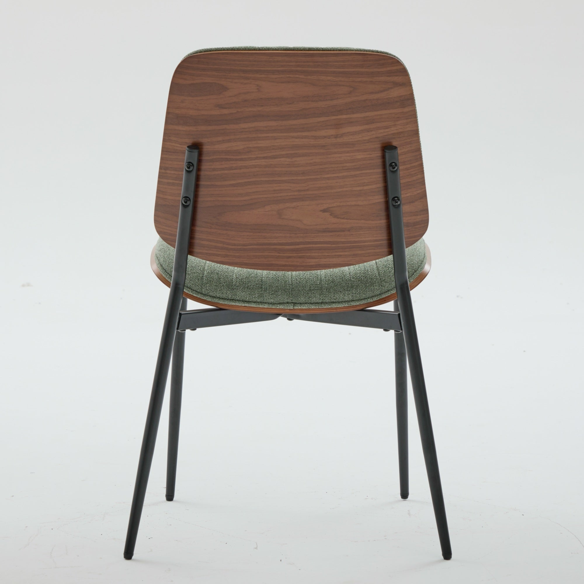 Set of 2 Mid Century Modern upholstered dining chairs with walnut bentwood backs, metal legs, and adjustable feet for kitchen and dining.
