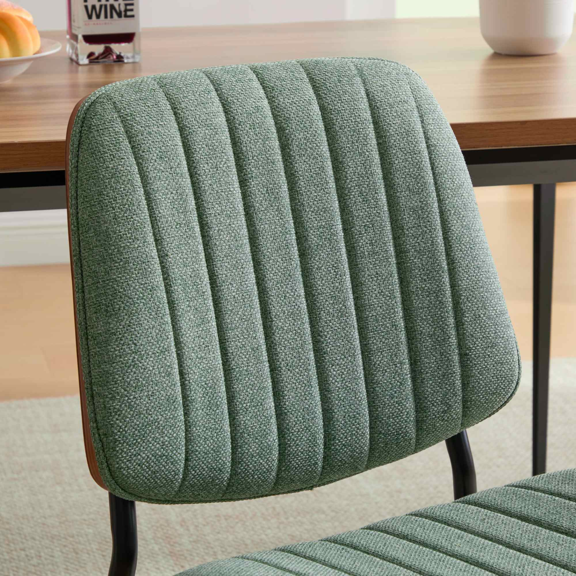 Set of 2 Start2Finish mid-century modern dining chairs with walnut bentwood backs, upholstered seats, metal legs, and adjustable feet.