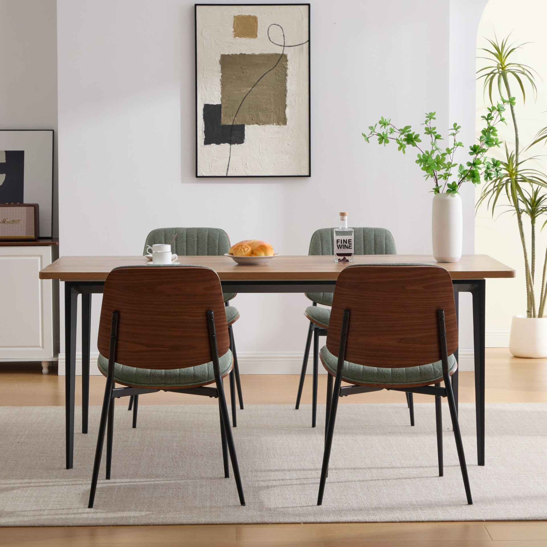 Set of 2 Mid Century Modern upholstered dining chairs with walnut bentwood backs, metal legs, and adjustable feet for kitchen and dining.