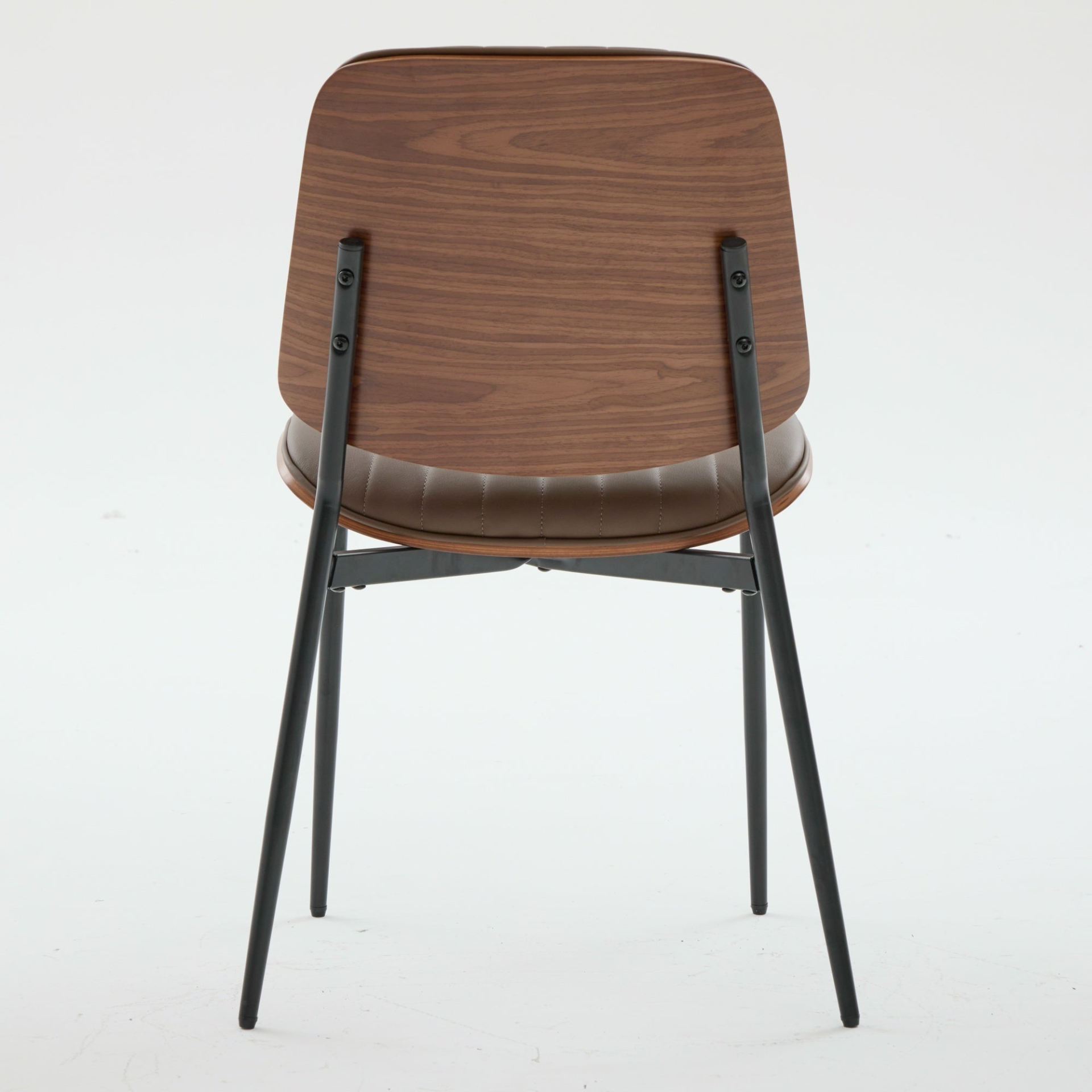 Set of 2 Mid Century Modern upholstered dining chairs with walnut bentwood backs, metal legs, and adjustable feet for kitchen and dining rooms.