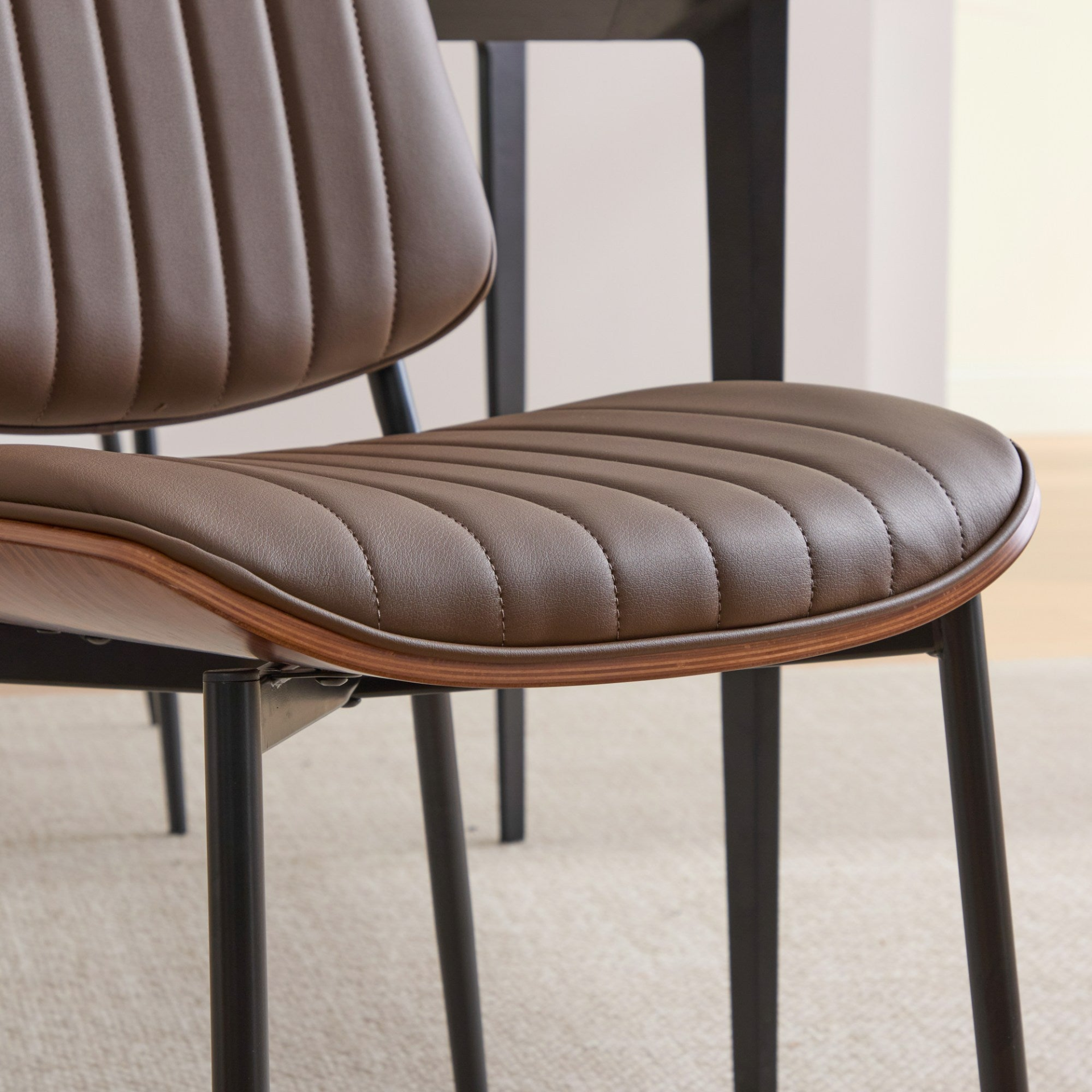 Set of 2 Mid Century Modern upholstered dining chairs with walnut bentwood back and metal legs, adjustable feet for kitchen or dining room.