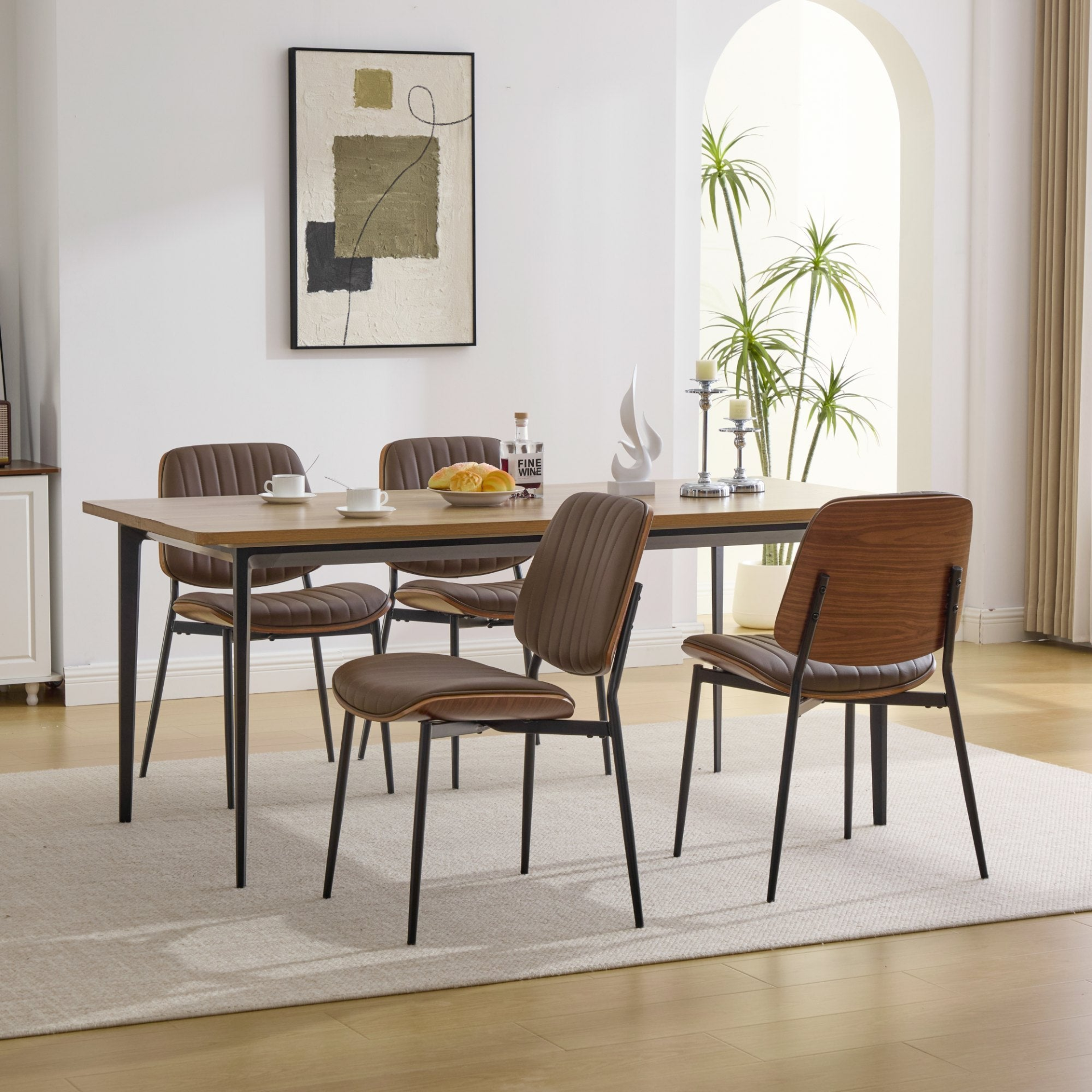 Set of 2 Mid Century Modern upholstered dining chairs with walnut bentwood backs, metal legs, and adjustable feet for kitchen and dining.