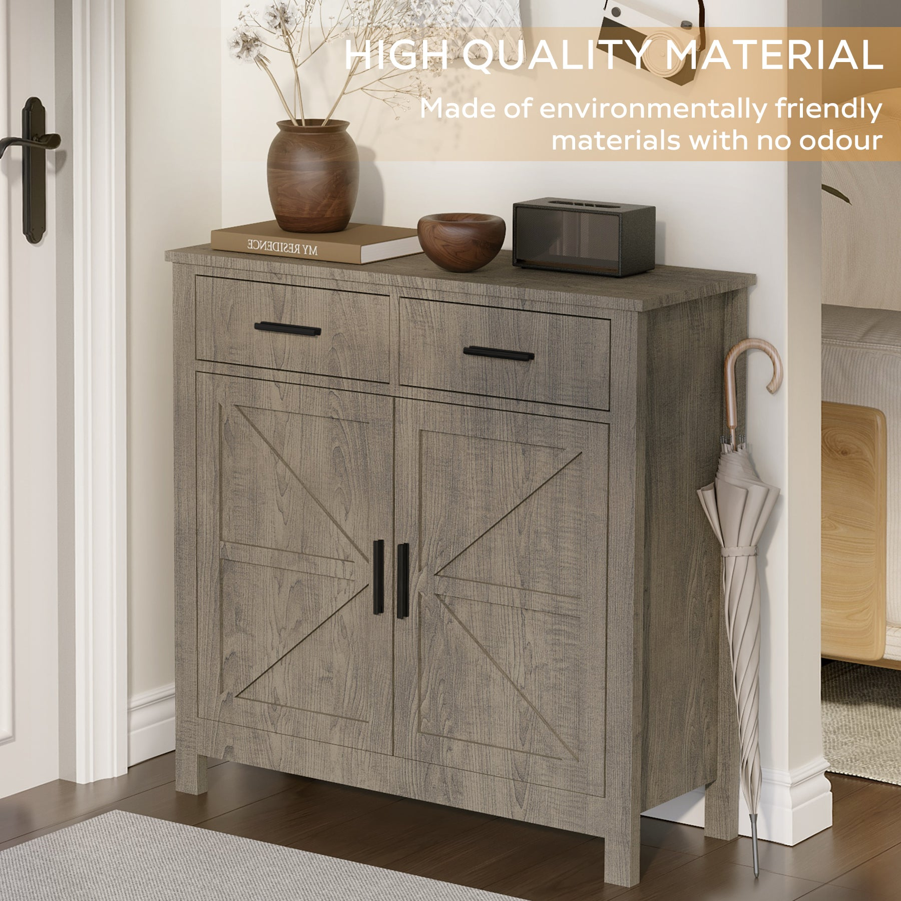 Modern farmhouse kitchen storage cabinet with 2 drawers and 2 doors, Start2Finish furniture, showcasing wood finish and storage compartments.