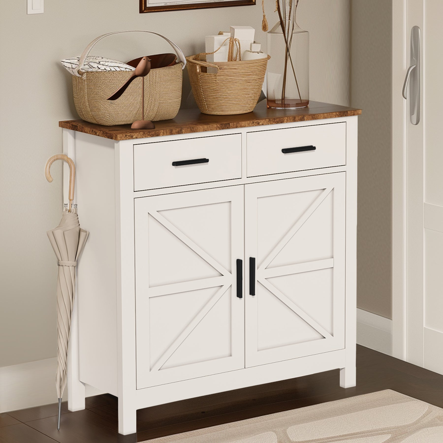 Modern farmhouse kitchen storage cabinet by Start2Finish with two drawers and two doors, showcasing its stylish and functional design.
