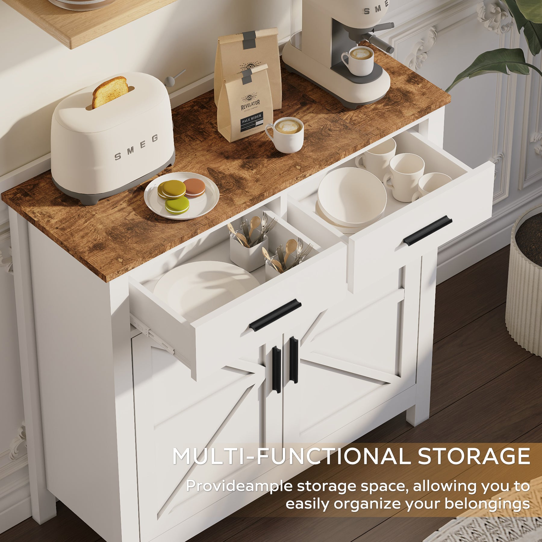 Modern farmhouse kitchen storage cabinet by Start2Finish with two drawers and two doors, featuring a sleek, functional furniture design.