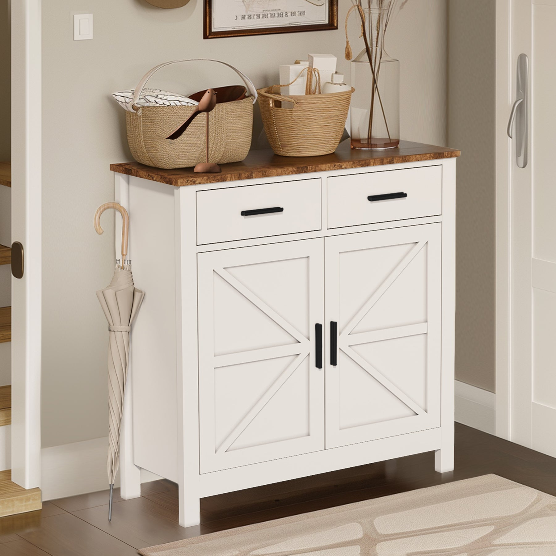 Modern farmhouse kitchen storage cabinet by Start2Finish with two drawers and two doors, featuring a sleek, functional design.