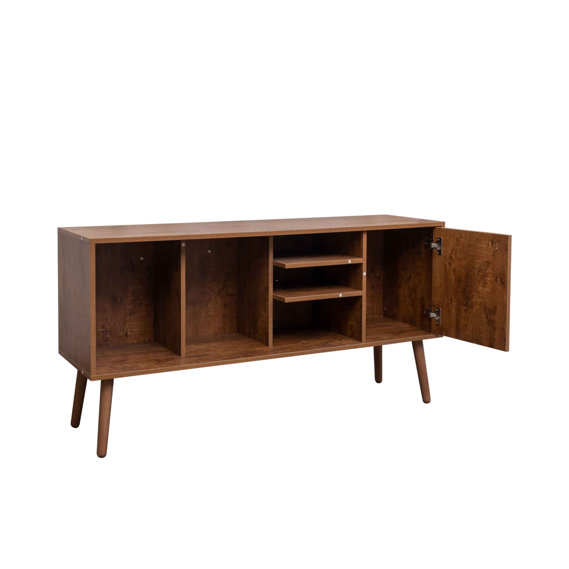 Start2Finish TV stand for living room with one storage compartment and three open shelves, modern furniture for TV setup.