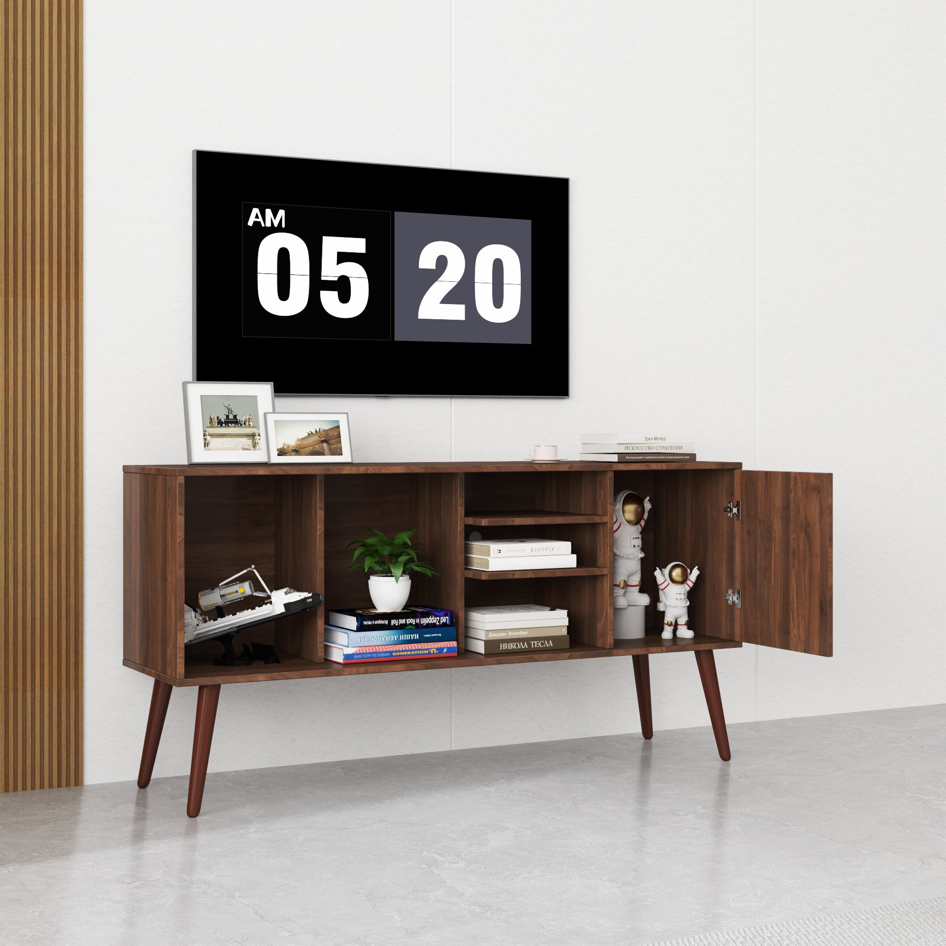 Start2Finish TV stand for living room with one storage compartment and three open shelves, modern furniture for entertainment setup.