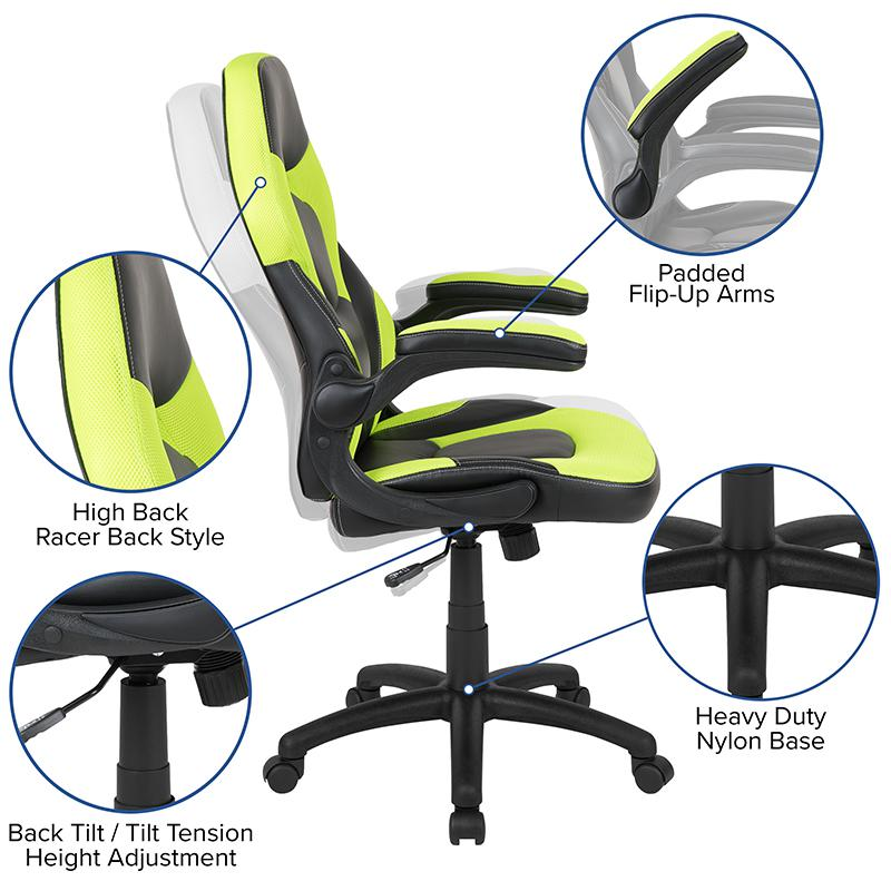 Start2Finish black gaming desk with green and black racing chair, featuring a spacious workspace and ergonomic design.