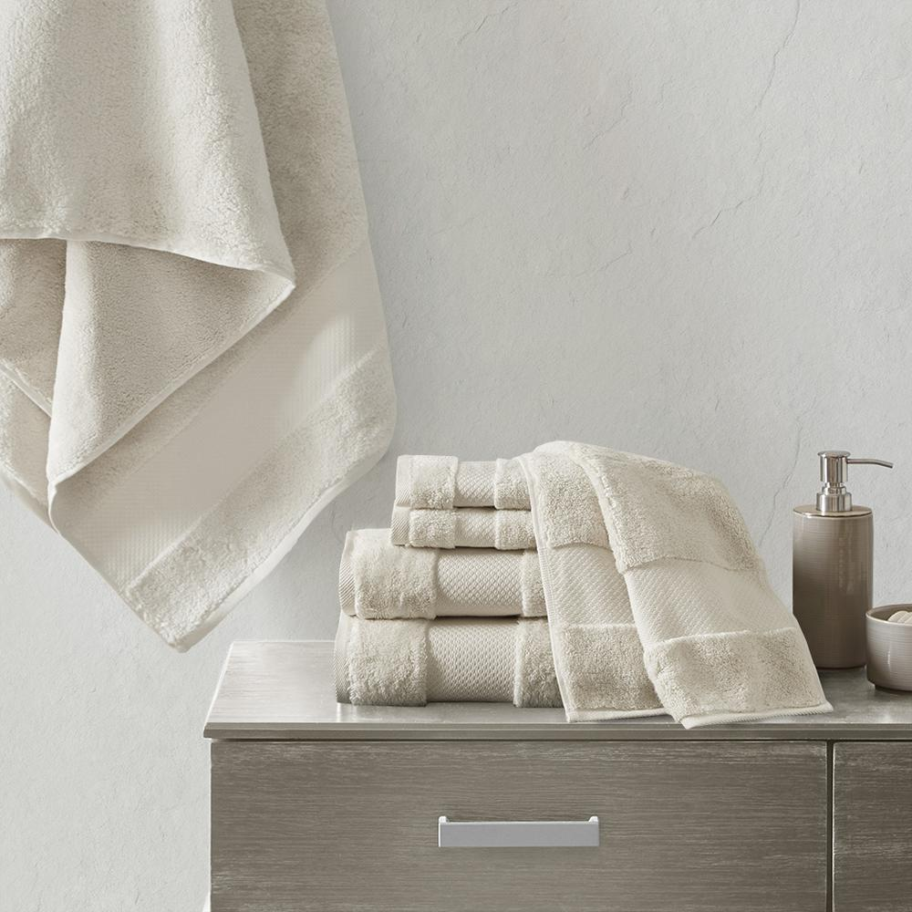 Start2Finish cotton 6-piece bath towel set featuring soft, plush towels in neutral colors, displayed folded and stacked.