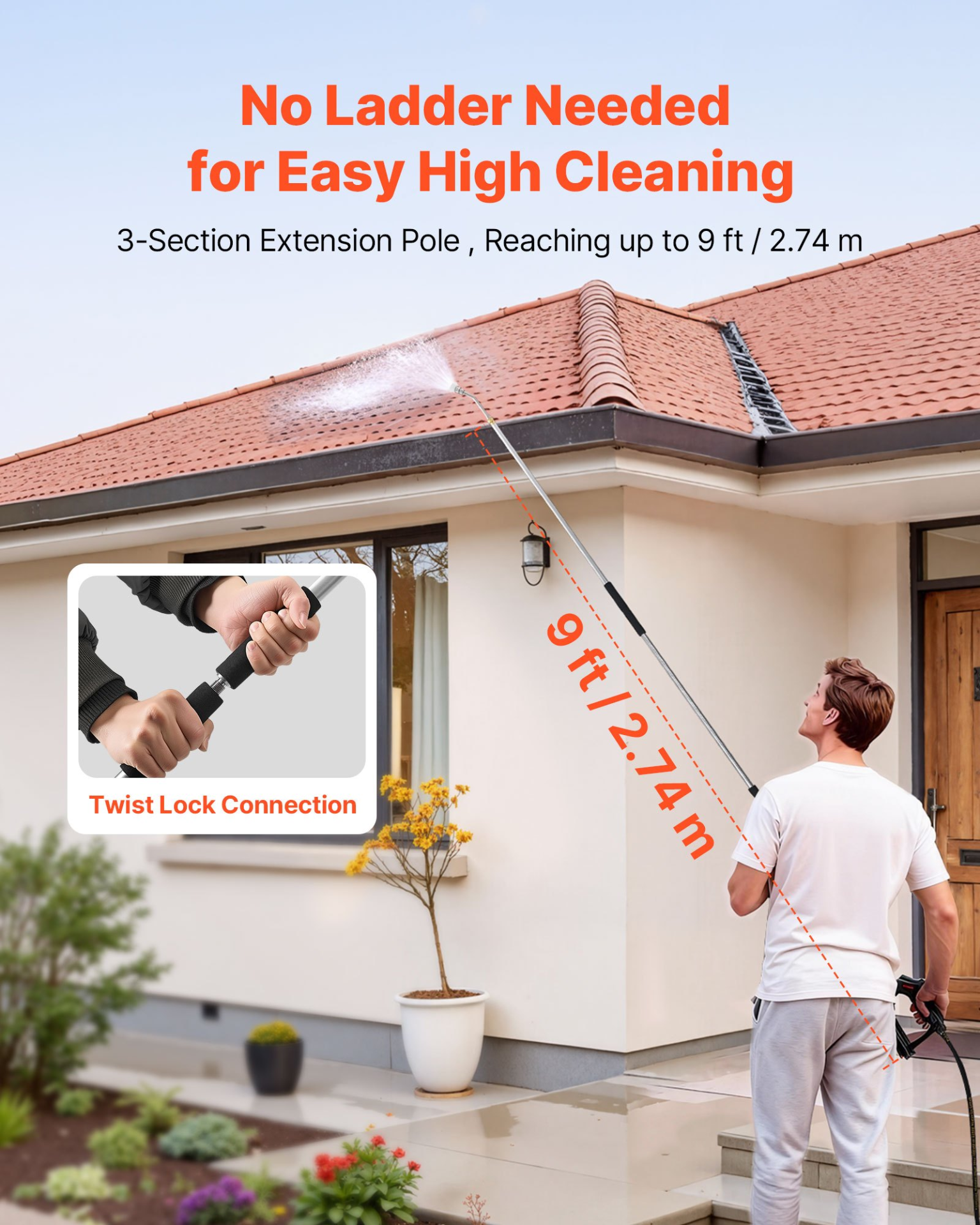 Start2Finish VEVOR 9 ft pressure washer telescoping wand with 3 sections, 7 nozzles, hose adapter, support belt, and storage bag.