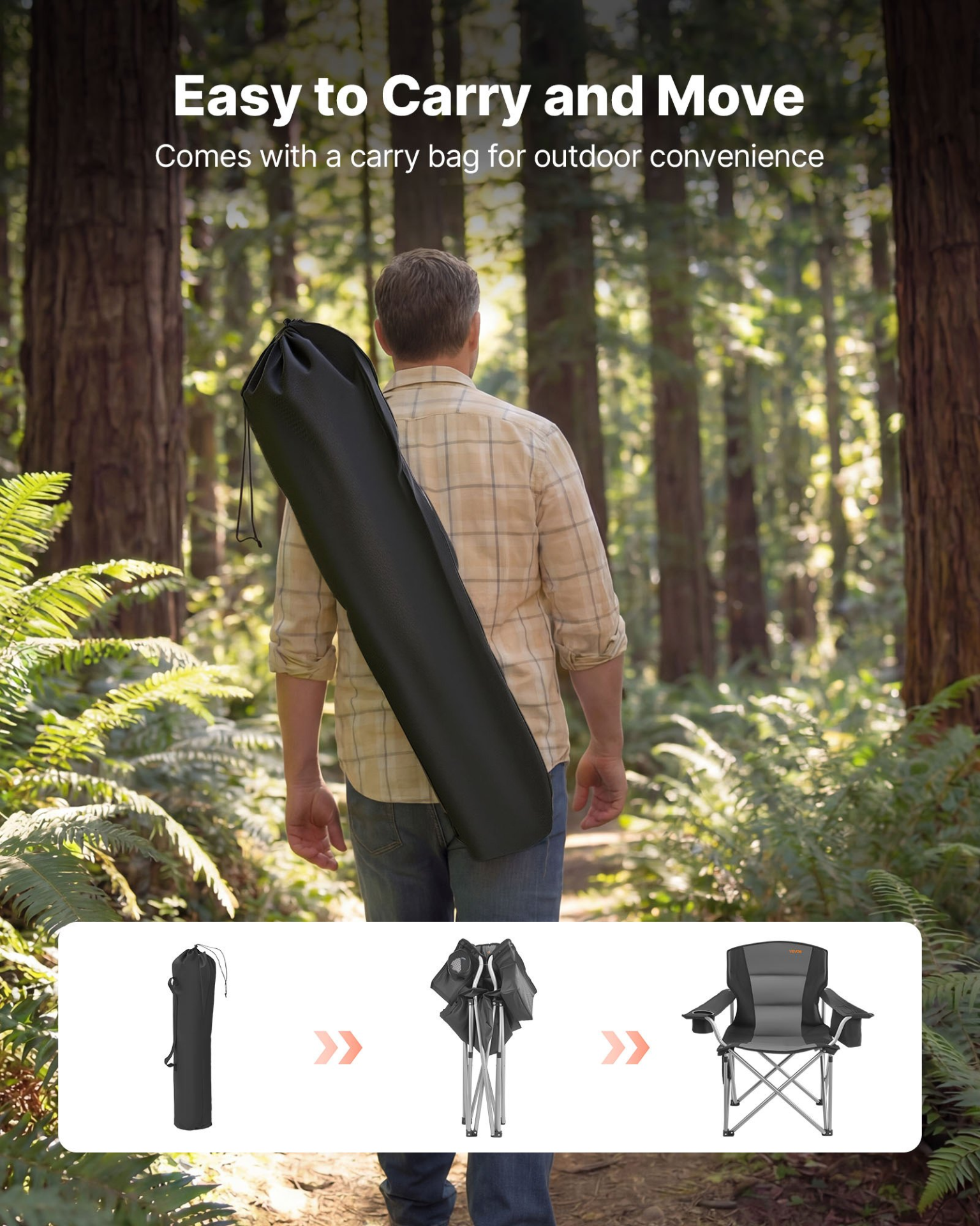 Start2Finish VEVOR outdoor camping folding chair with lumbar support, padded arms, side pockets, cup holder, and cooler bag in black.
