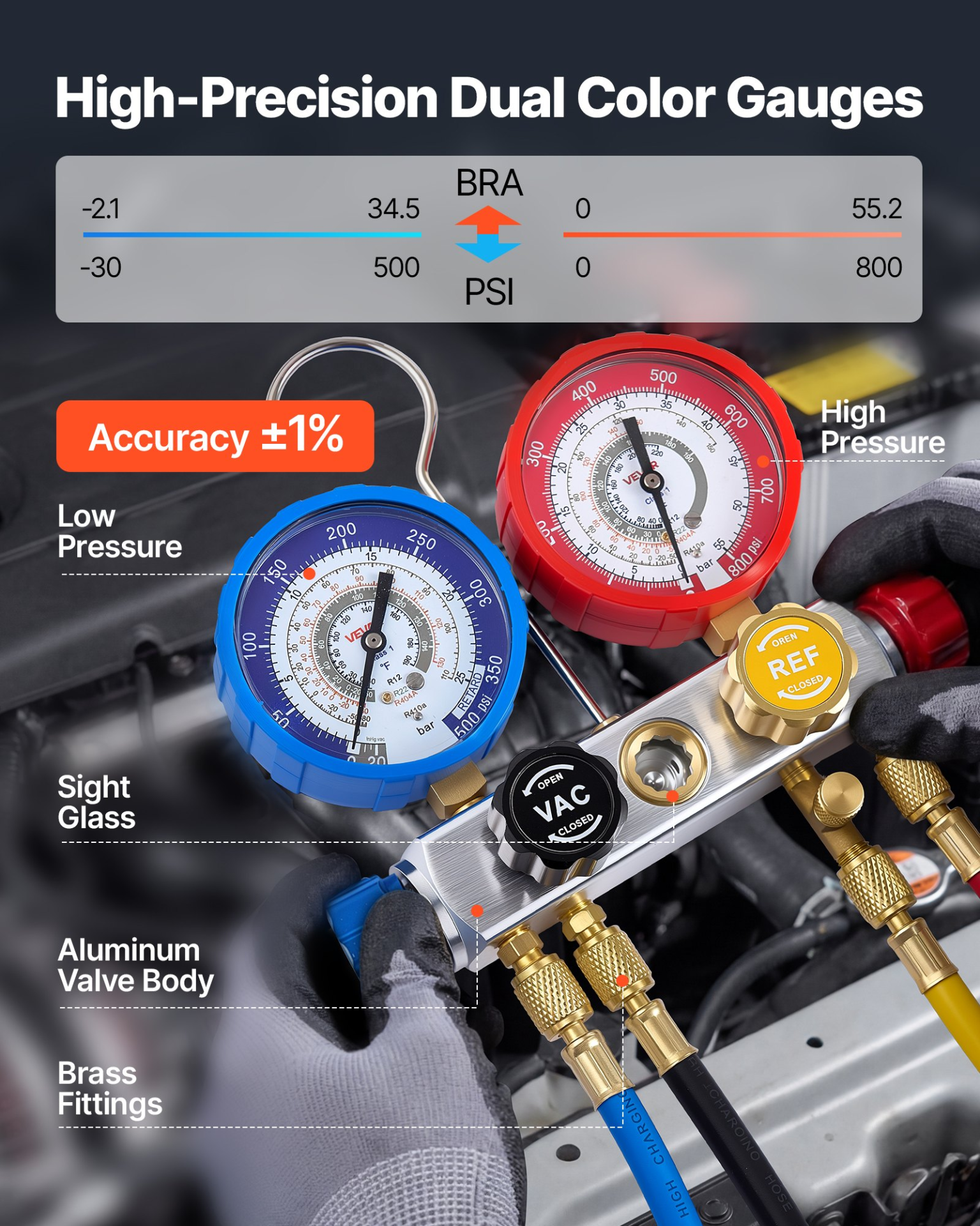 Start2Finish VEVOR AC manifold gauge set with 4-way valves, 5 ft hoses for R22, R404A, R410A, and R12 refrigerant servicing.
