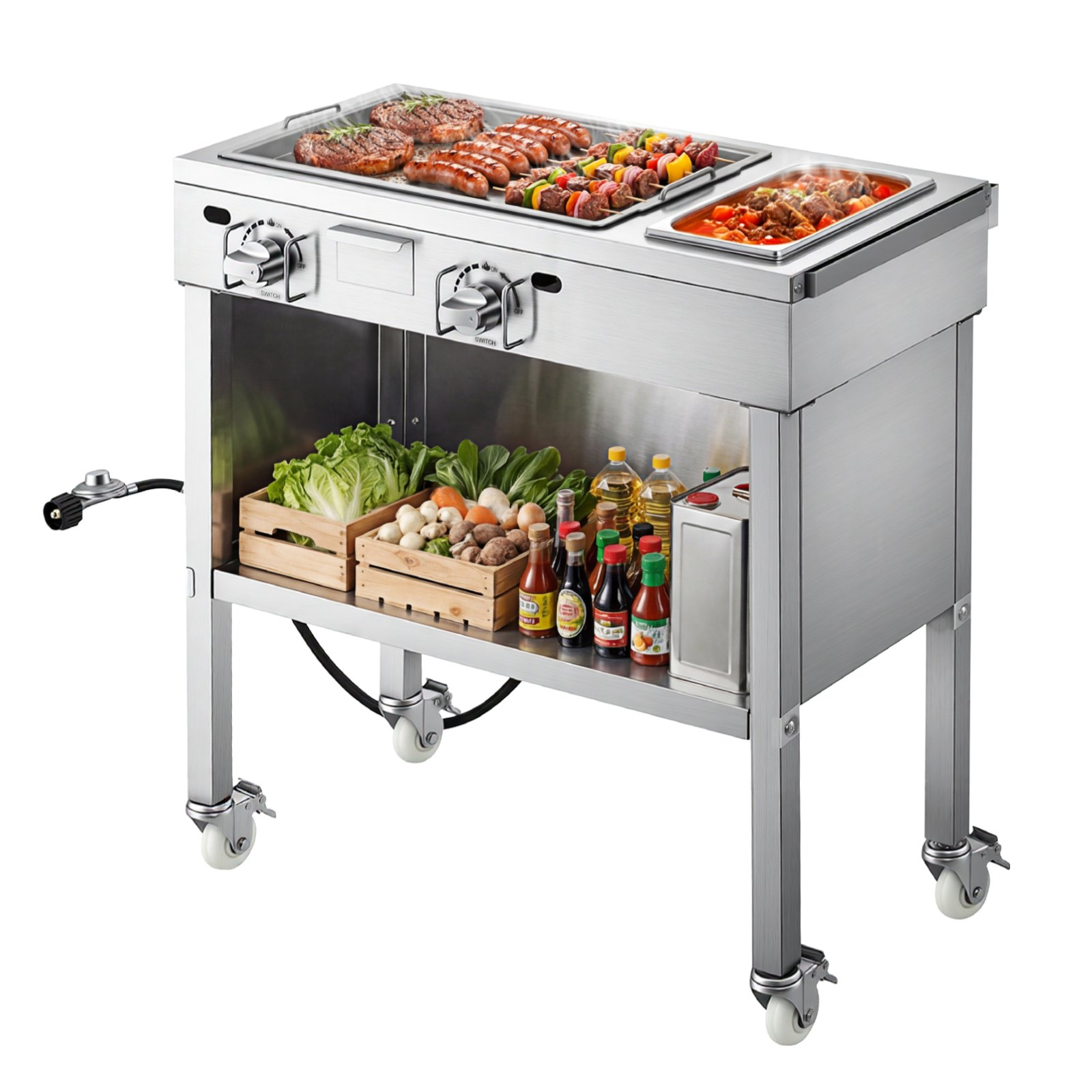 Start2Finish outdoor propane griddle with stainless steel surface, two burners, lockable wheels, side handle, perfect for grilling meats.