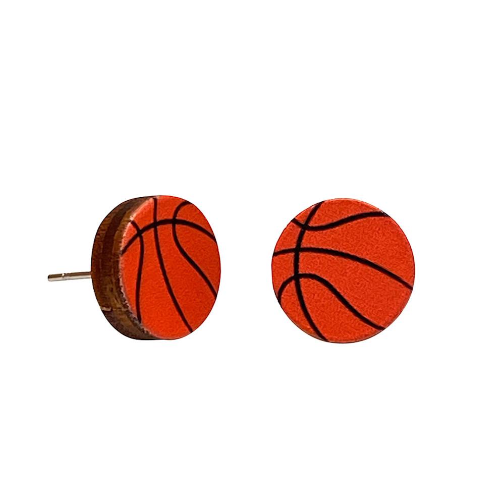 Red Sunflower basketball stud earrings featuring small, round metallic earrings with a basketball design.