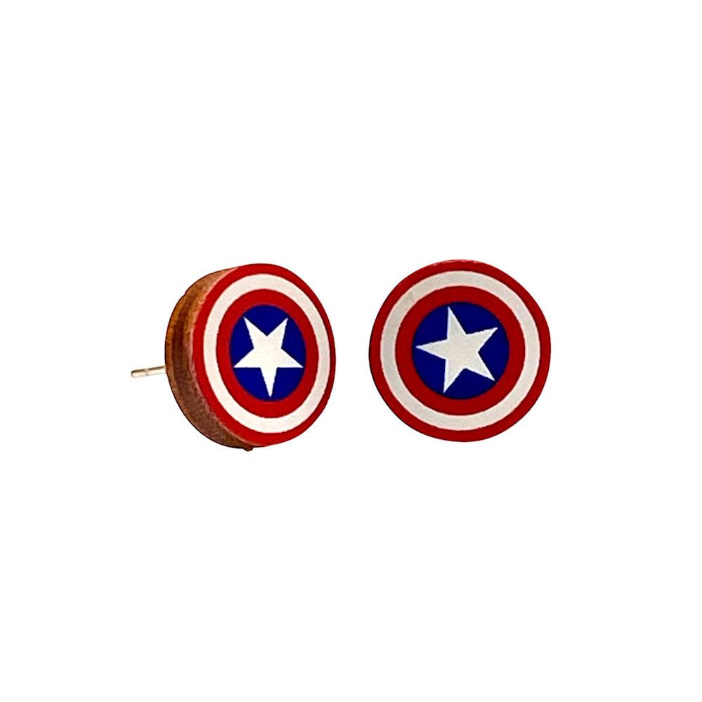 Red Sunflower American Shield Stud Earrings, gold-toned jewelry with shield-shaped design, close-up view on a plain background.