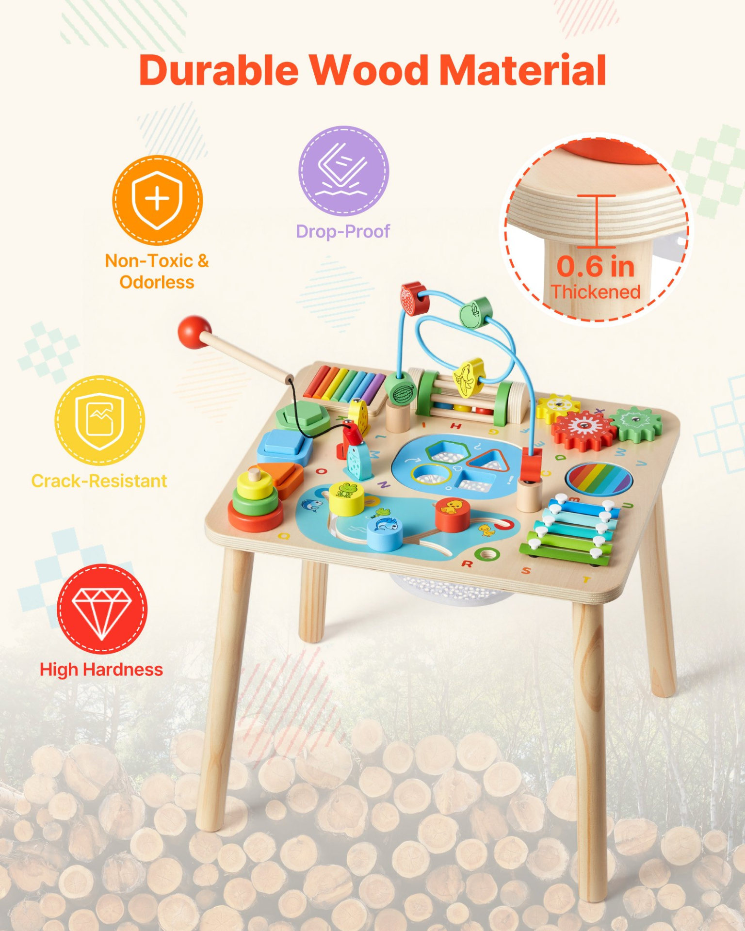 Start2Finish VEVOR Montessori toddler activity table with 13-in-1 wooden learning and play desk for children aged 6 months and up.