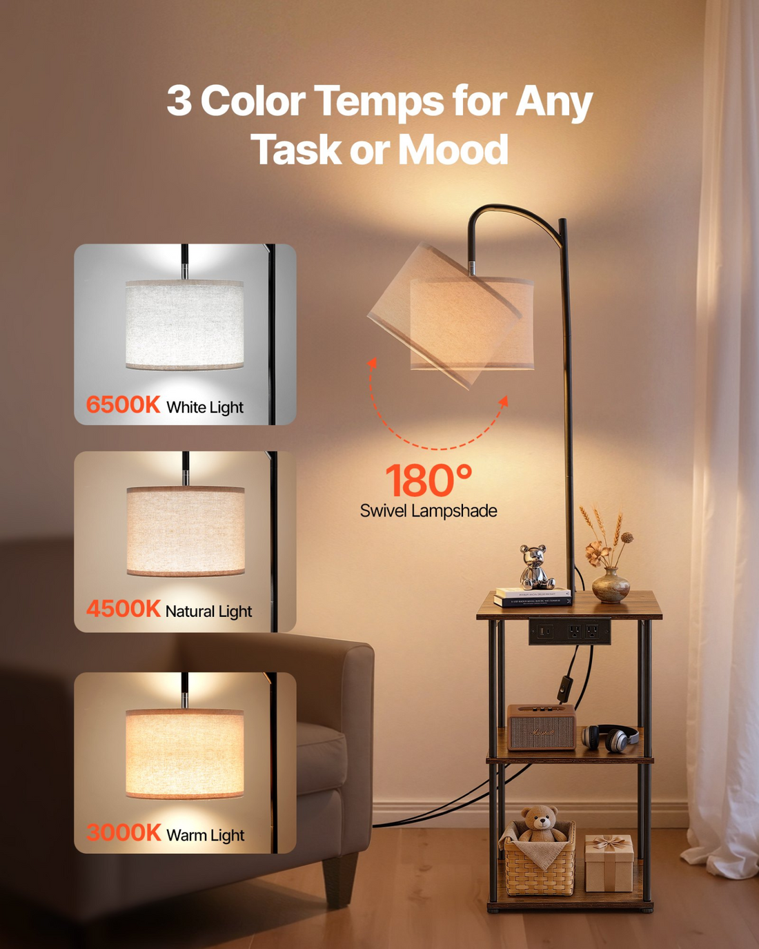 Start2Finish VEVOR floor lamp with side table, open shelves, adjustable lighting, USB, Type C, and AC charging ports in a living room setting.
