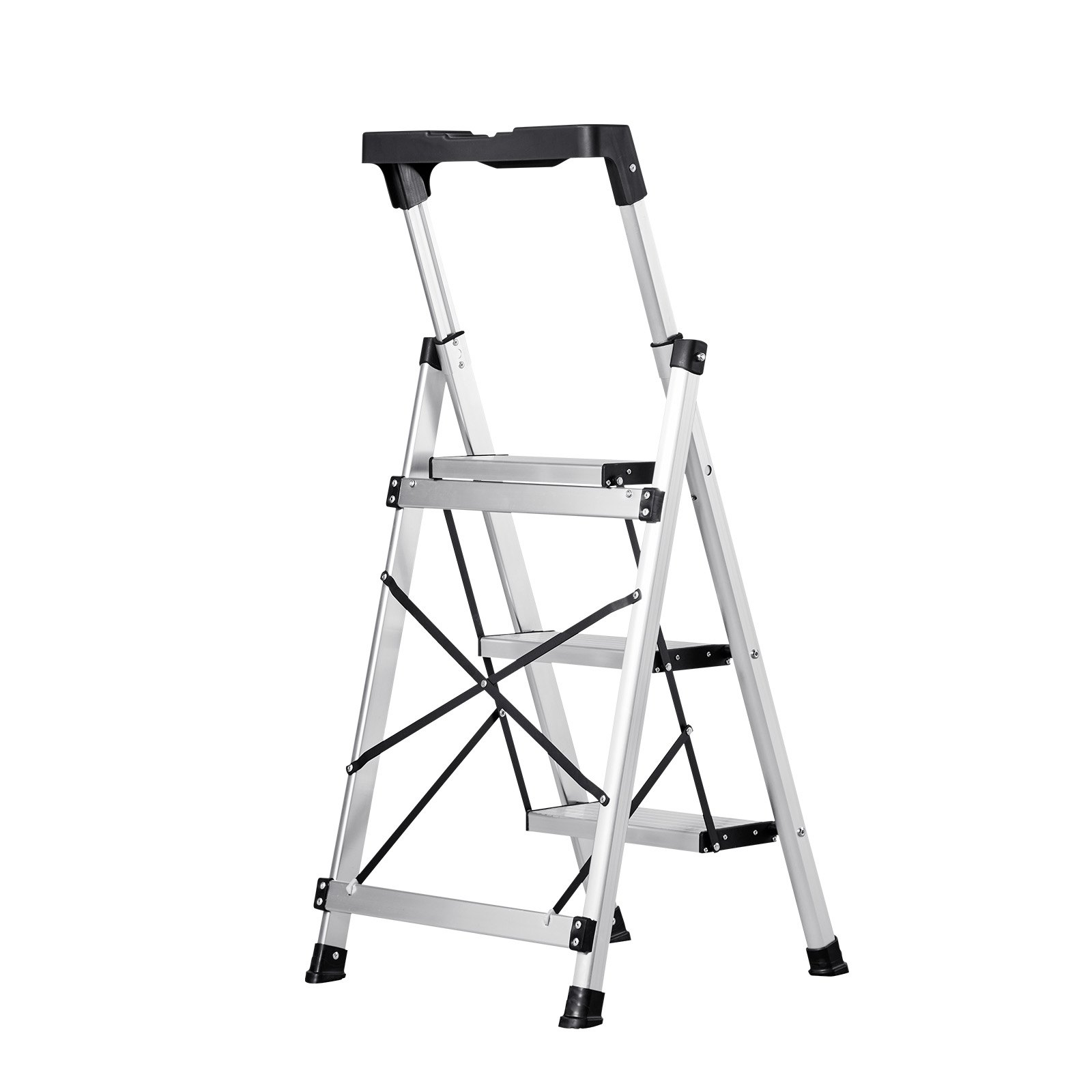 Start2Finish VEVOR 3-step aluminum ladder with wide anti-slip pedals and comfort handgrip, silver folding step stool for home and work.
