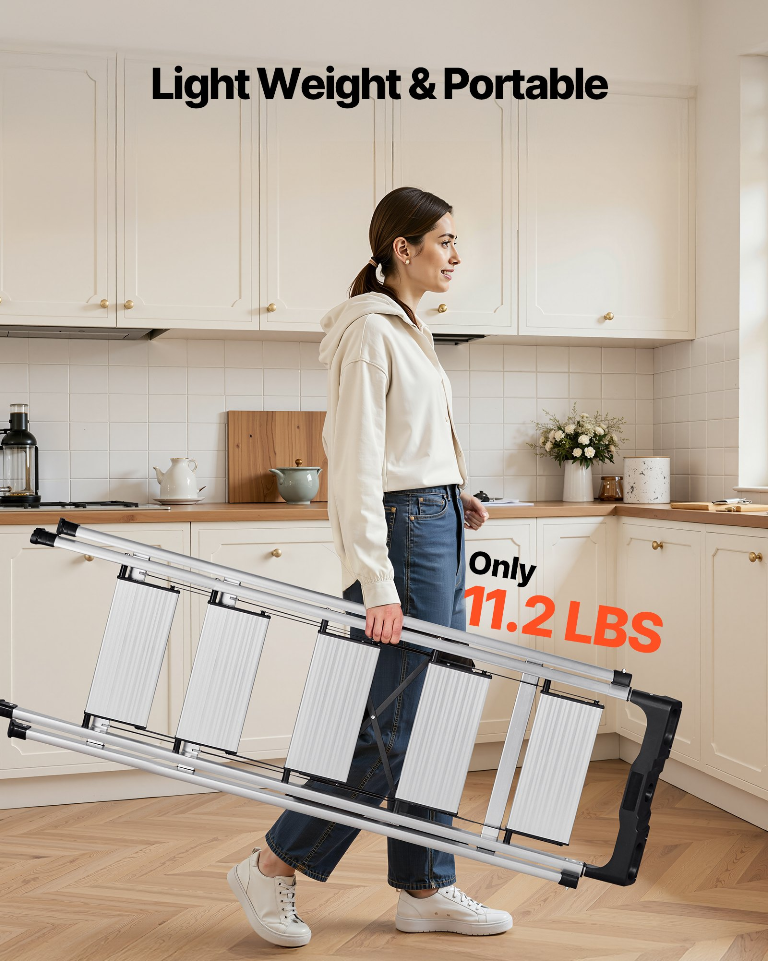 Start2Finish VEVOR 5-step aluminum ladder with wide anti-slip pedals and comfort handgrip, suitable for kitchen, warehouse, or household use.