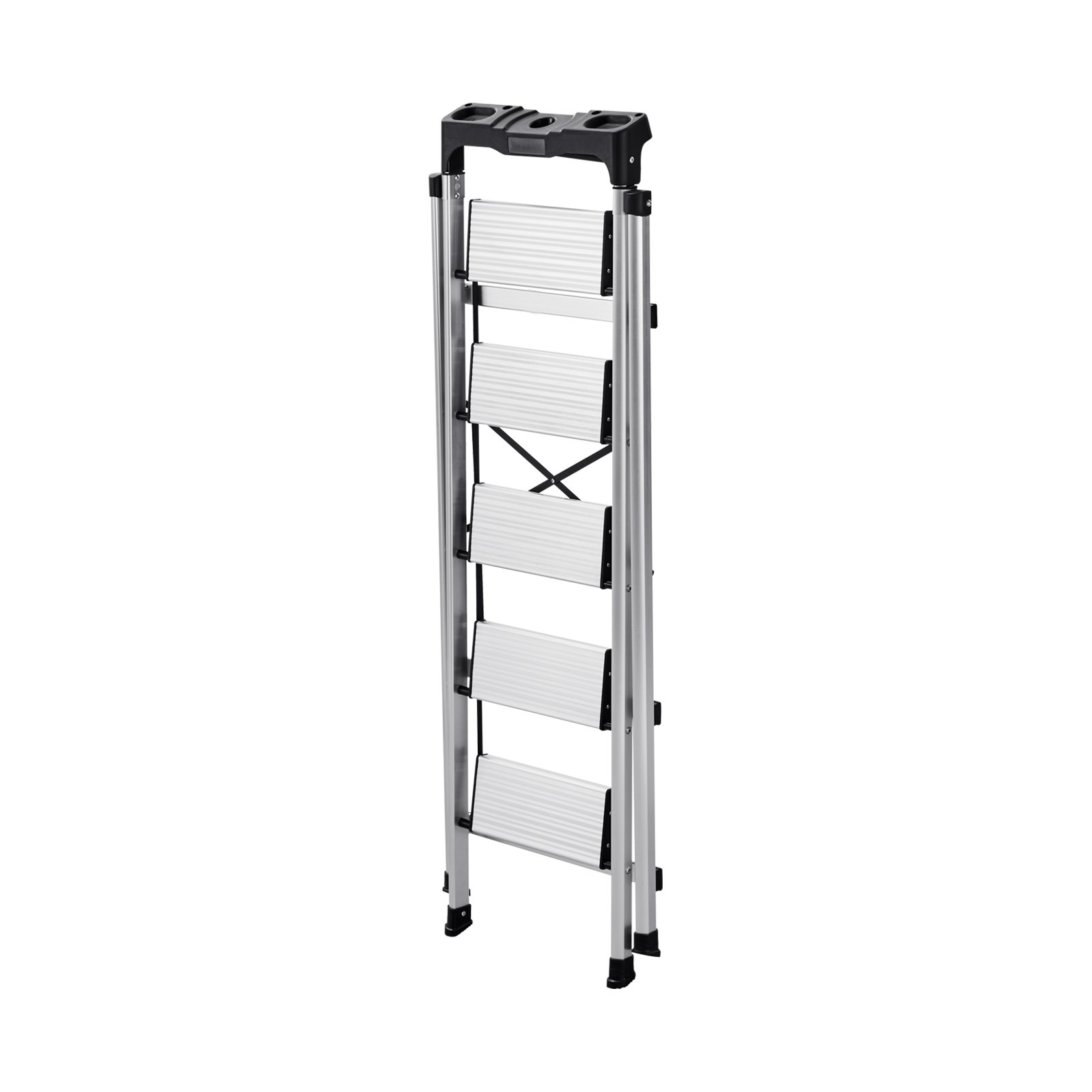 Start2Finish VEVOR 5-step aluminum folding ladder with anti-slip pedals and handgrip, suitable for kitchen, warehouse, and household use