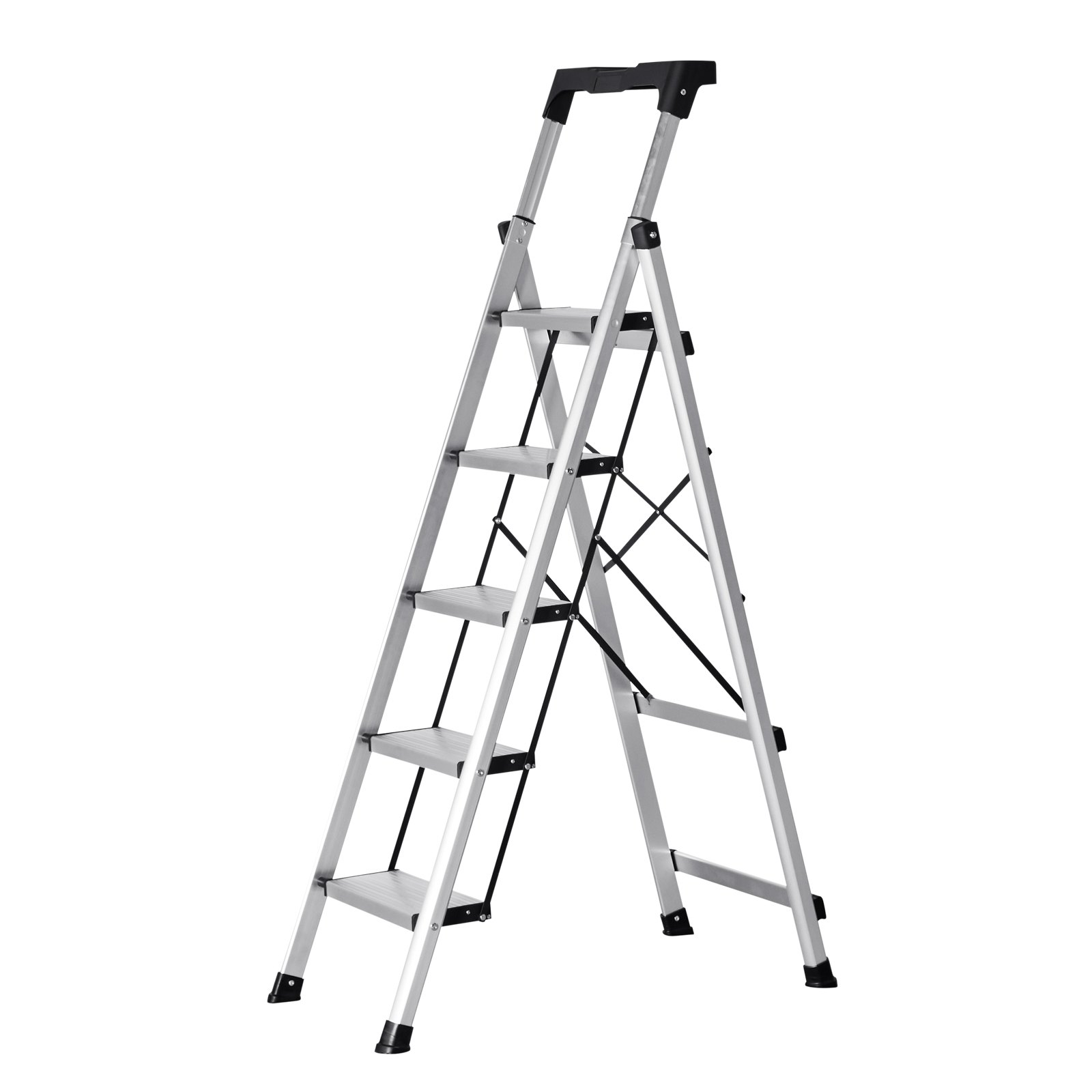 Start2Finish VEVOR 5 step aluminum ladder with anti-slip pedals, comfort handgrip, silver portable stepladder for home and workplace.