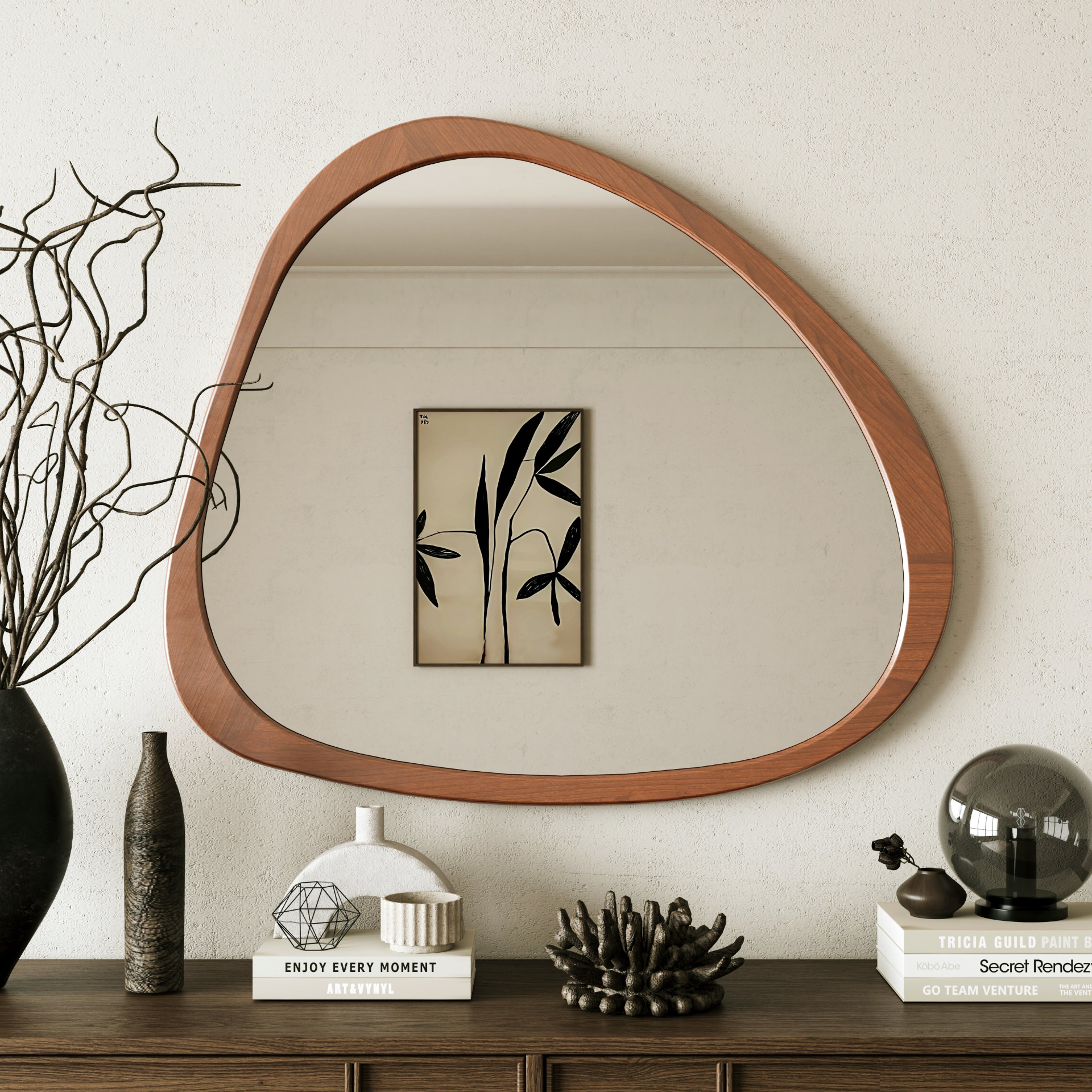 Solid wood asymmetrical wall mirror with wooden frame, ideal for living room or bedroom decor by Start2Finish