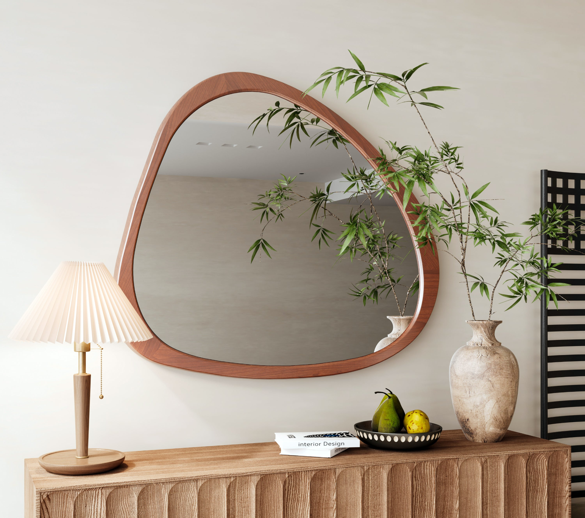 Start2Finish solid wood asymmetrical wall mirror with wooden frame, ideal for living room or bedroom decor.