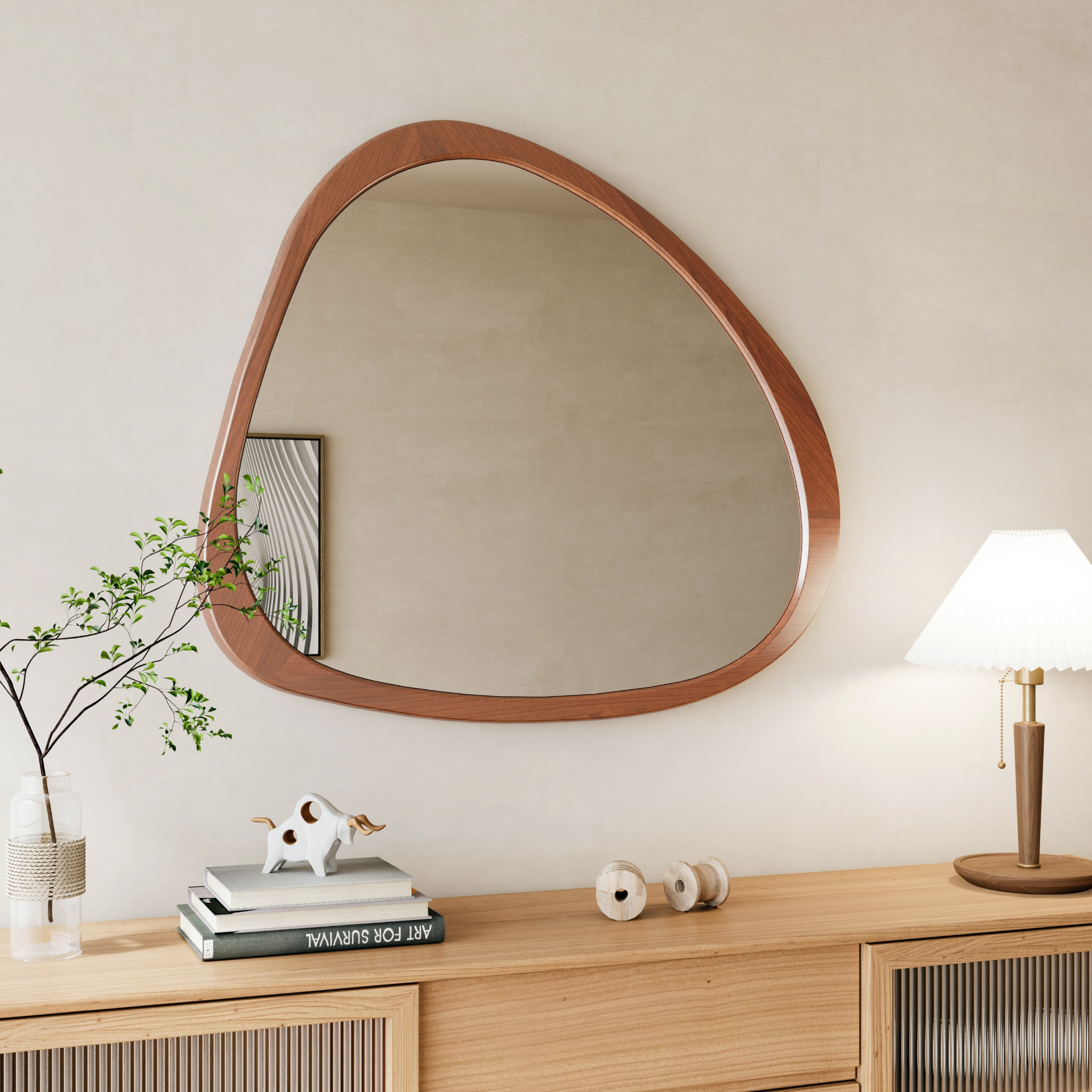 Solid wood asymmetrical wall mirror with wooden frame, ideal for living room or bedroom decor by Start2Finish
