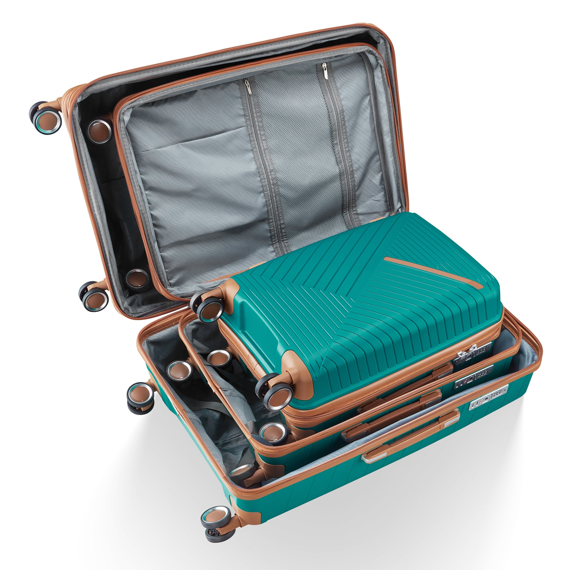 Start2Finish expandable 4-piece lightweight luggage set with double 360° spinner wheels and TSA lock, shown in image.