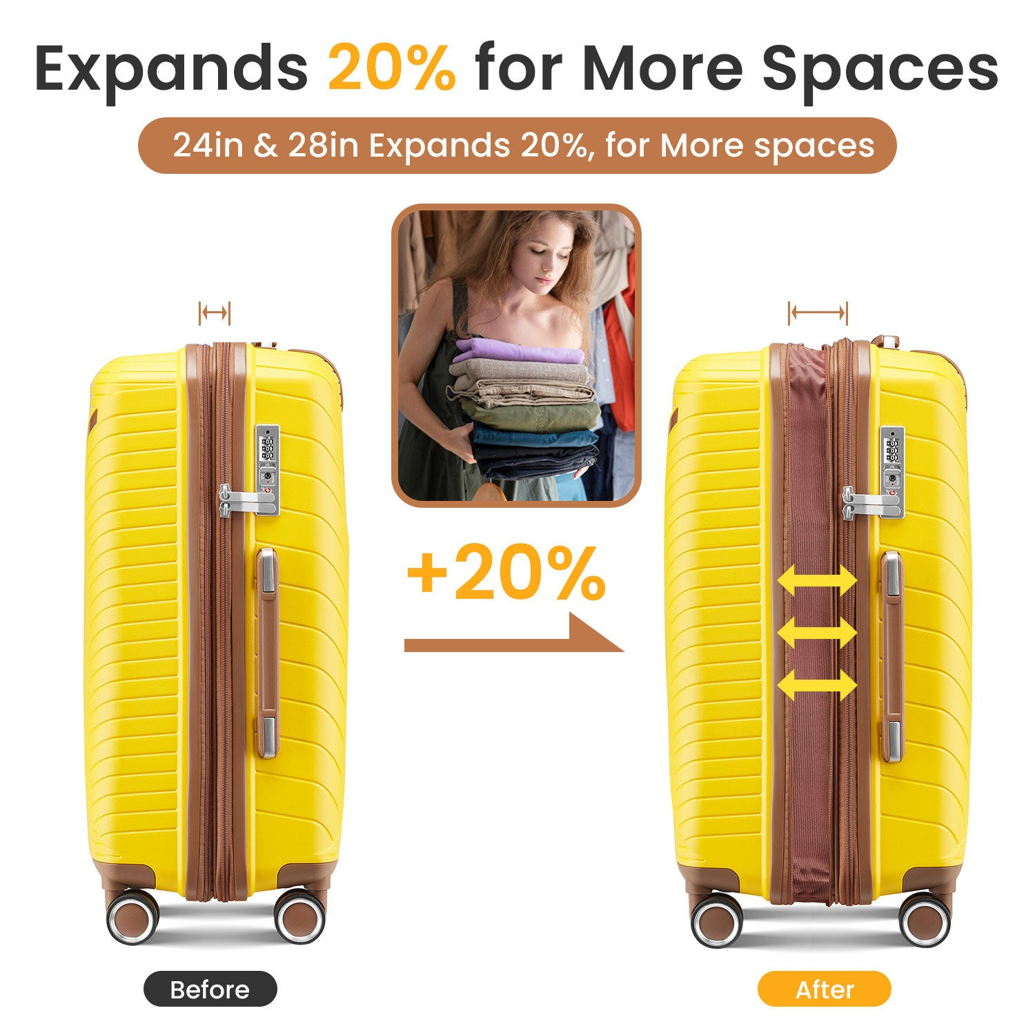 Start2Finish expandable lightweight 4-piece luggage set with double 360° spinner wheels and TSA lock, shown in image.