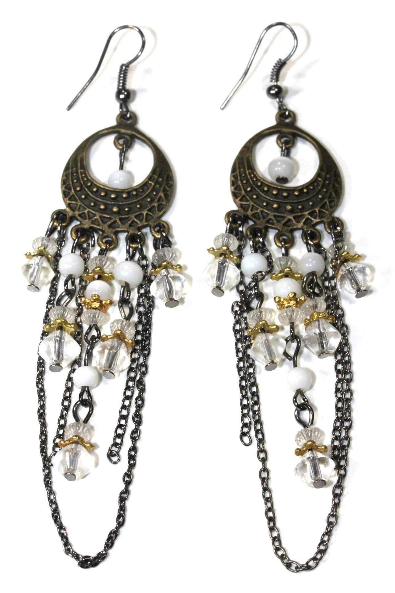 Silver Hestia gypsy style chandelier earrings with intricate metalwork and dangling beads, showcasing bohemian jewelry design.