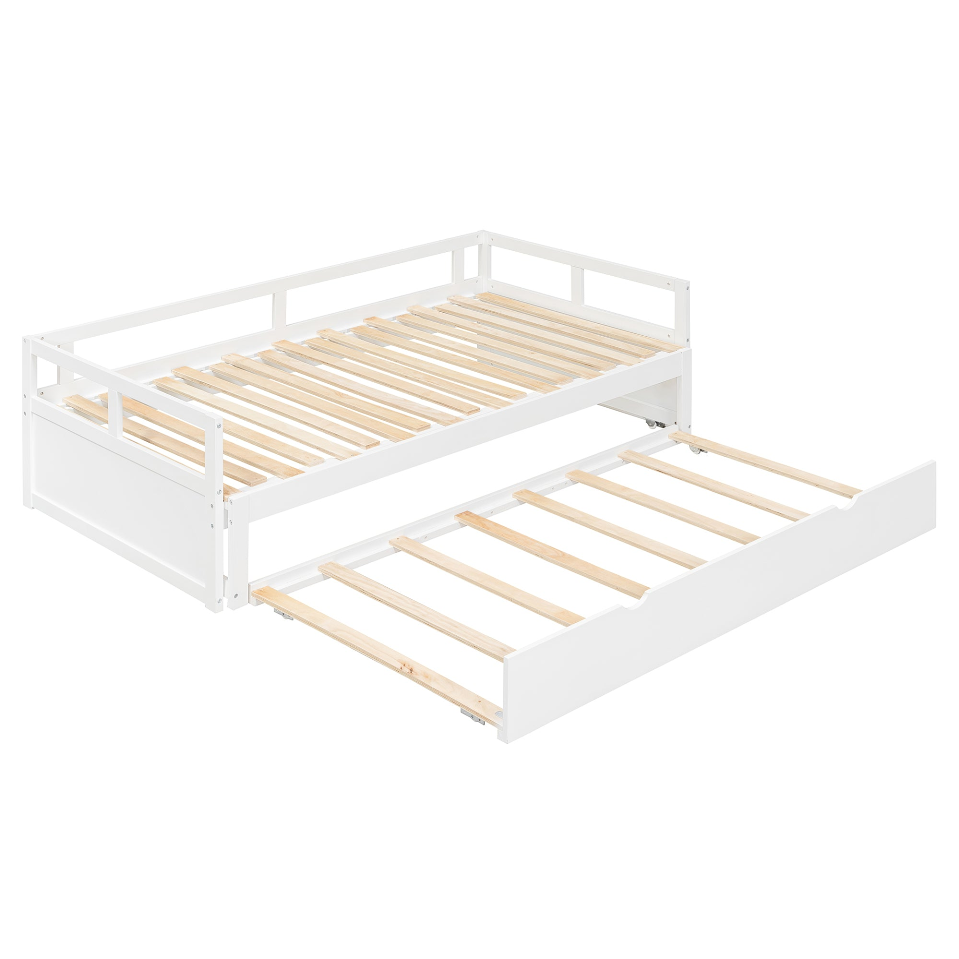 Start2Finish extending wooden daybed with trundle, space-saving design for guest sleep and versatile bedroom seating.