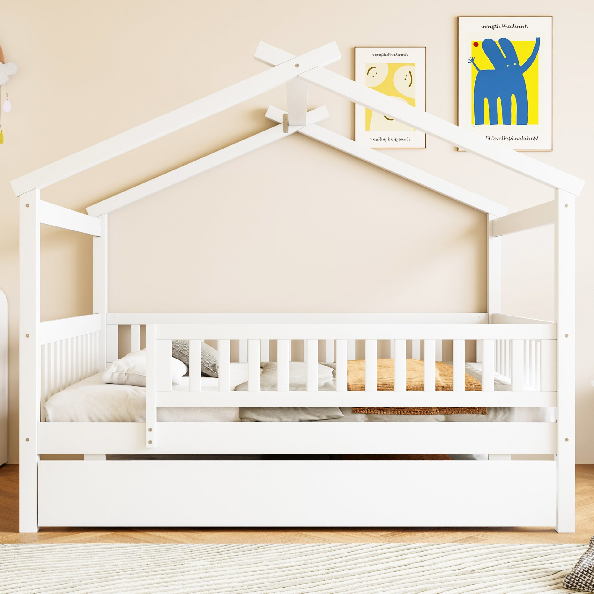 Wooden house-style bed frame with pull-out trundle drawer and slatted support by Start2Finish, showcasing the bed and storage features.