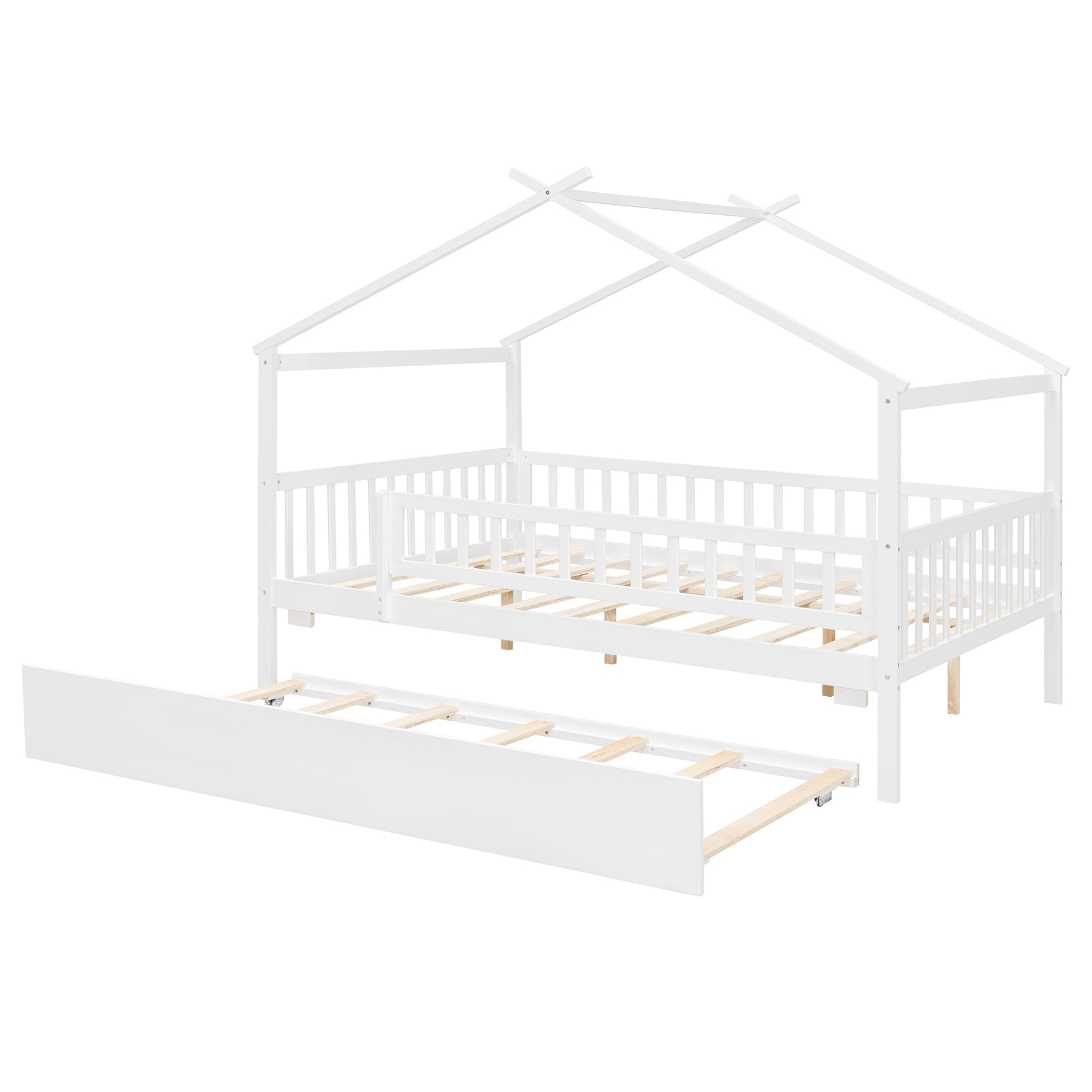 Start2Finish wooden house-style bed frame with pull-out trundle drawer and slatted support, showcasing a cozy, rustic design.