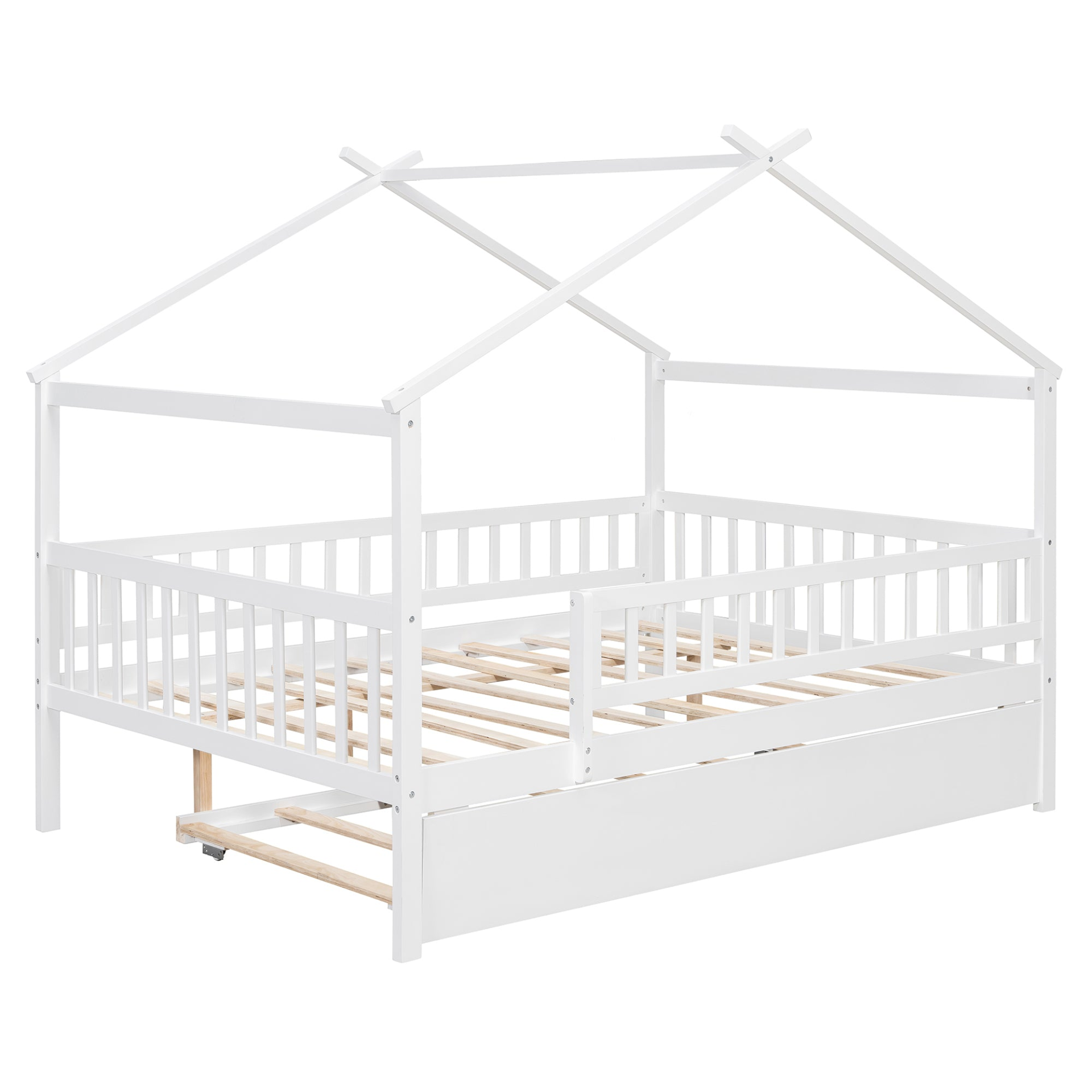 Start2Finish wooden house-style bed frame with pull-out trundle drawer and slatted support, showcasing a cozy, rustic design.
