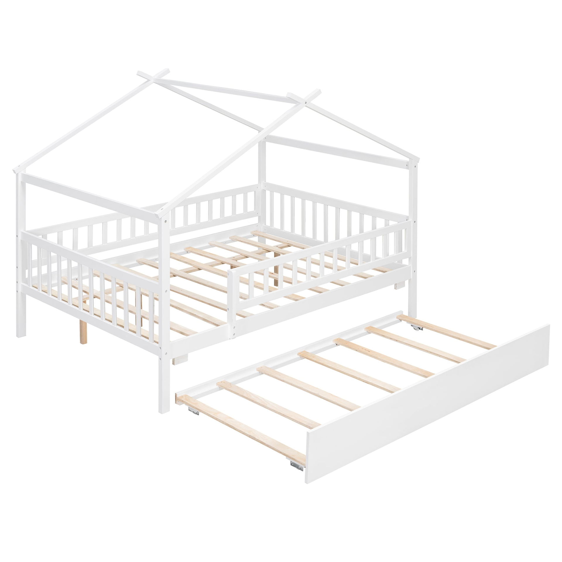 Wooden house-style bed frame with pull-out trundle drawer and slatted support, by Start2Finish, shown with mattress and bedding.