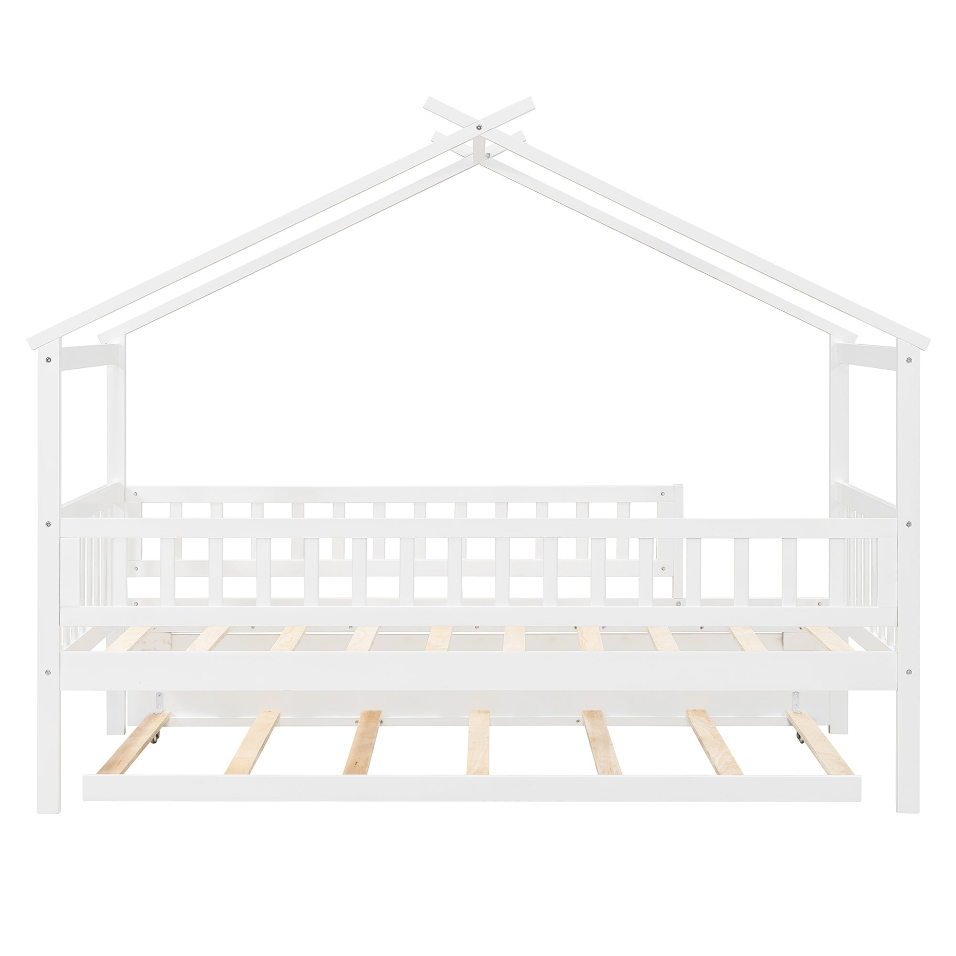 Twin size wooden house bed with trundle and solid wood frame, featuring a platform design for versatile bedroom furniture.