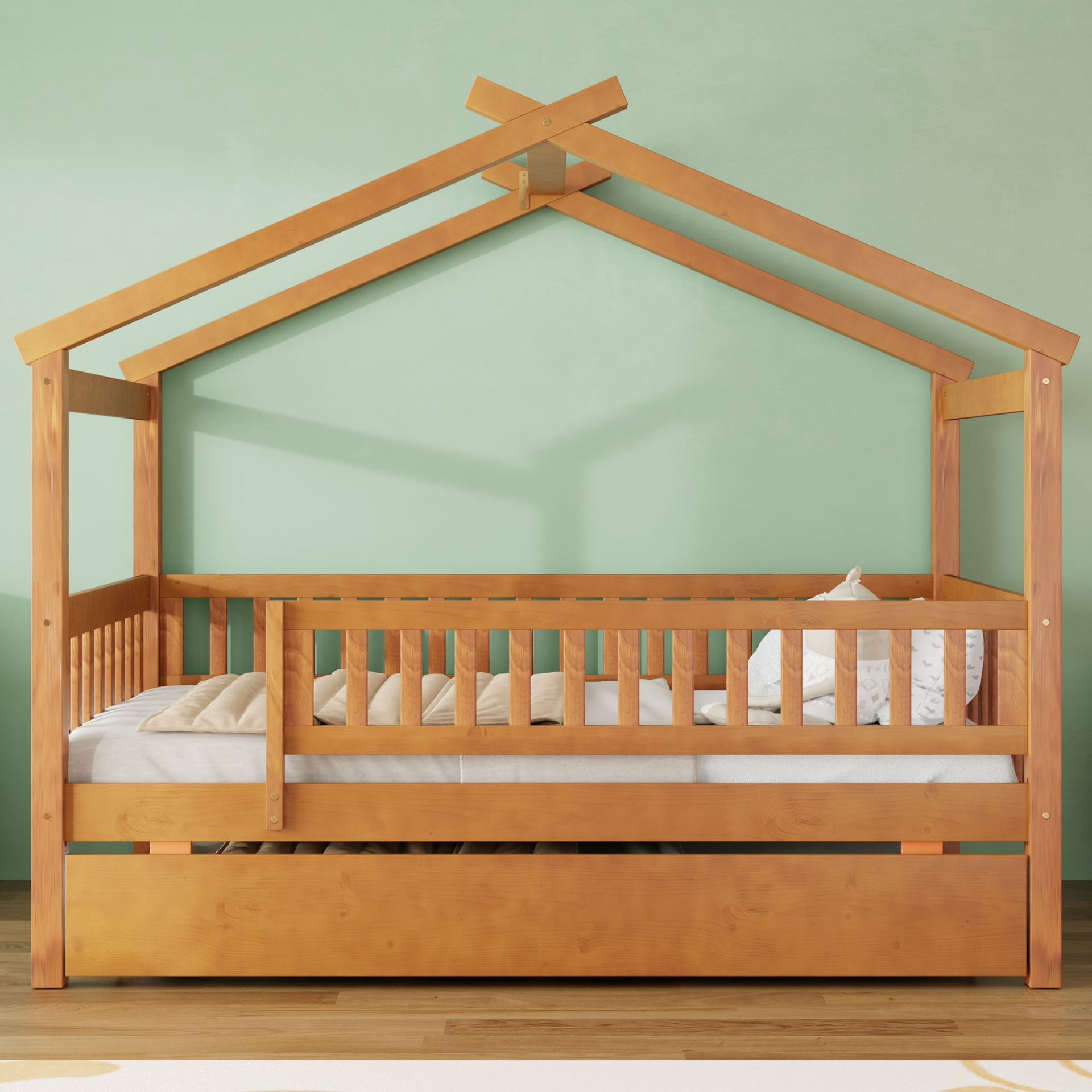 Twin size wooden house bed with trundle, solid wood frame, platform design, ideal for children&
