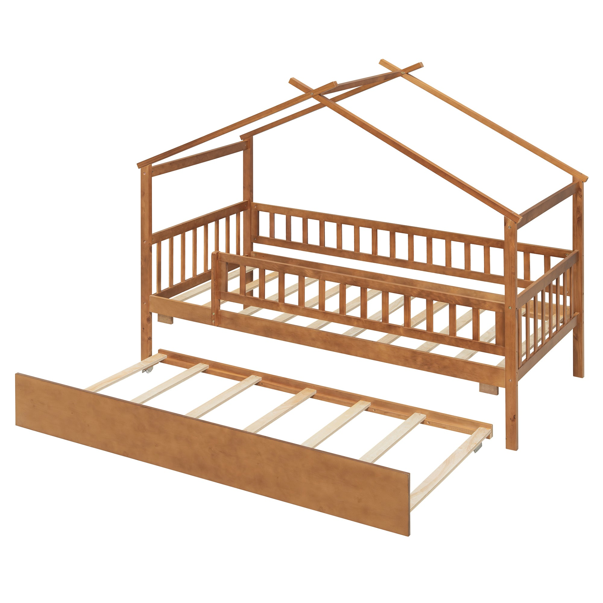 Twin size wooden house bed with trundle, solid wood frame, platform design, featuring a cozy house-shaped headboard and pull-out storage.